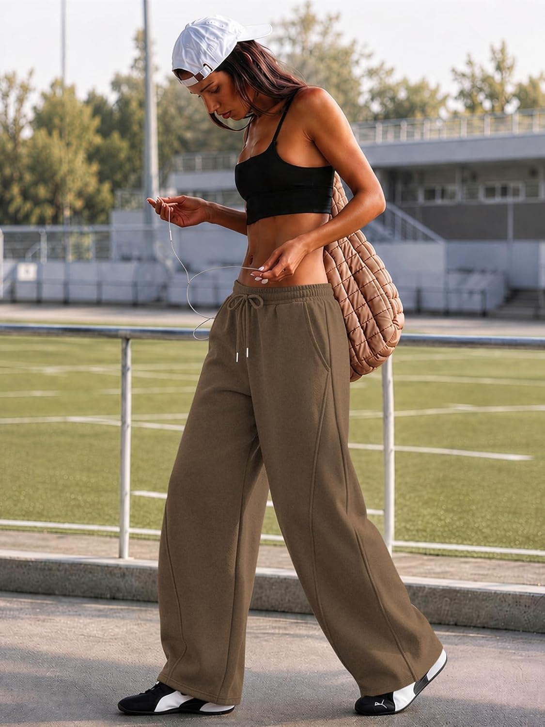 image:imageATHMILE Barrel Sweatpants Women Y2K Wide Leg Baggy Lounge Sweat Pants with Pockets Plus Size Drawstring JoggersBrown