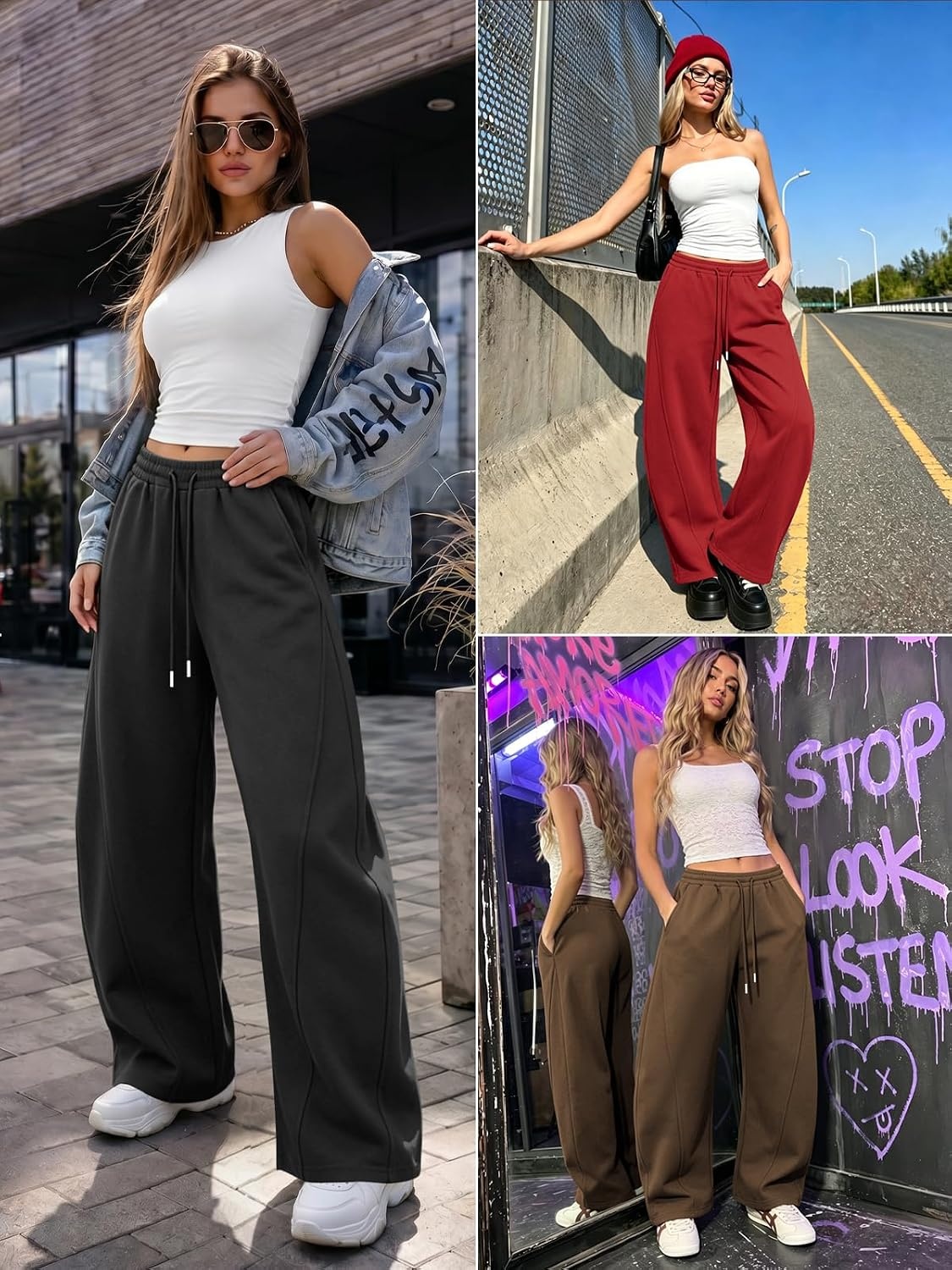 image:imageATHMILE Barrel Sweatpants Women Y2K Wide Leg Baggy Lounge Sweat Pants with Pockets Plus Size Drawstring JoggersBrown