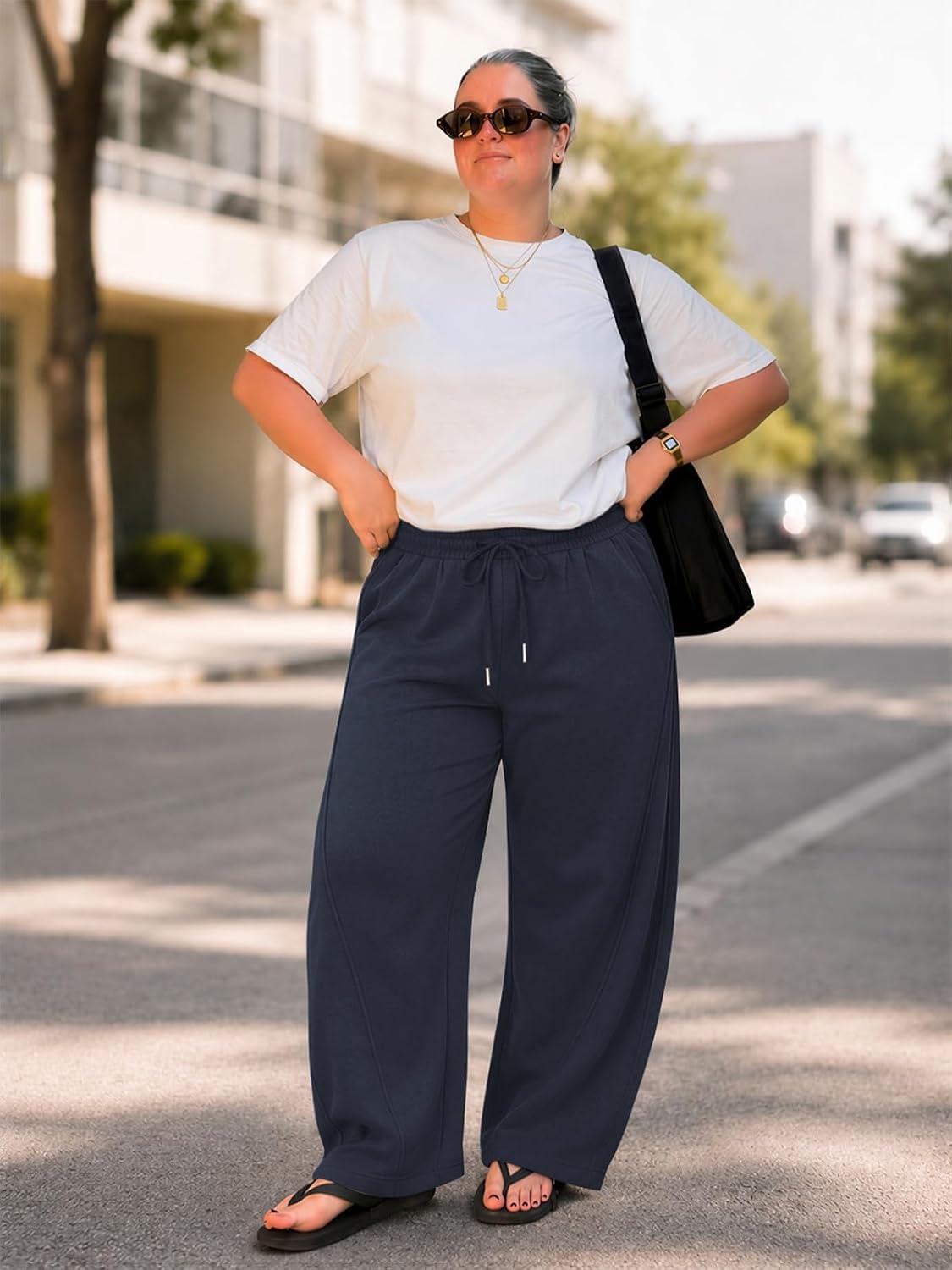 image:imageATHMILE Barrel Sweatpants Women Y2K Wide Leg Baggy Lounge Sweat Pants with Pockets Plus Size Drawstring JoggersNavy