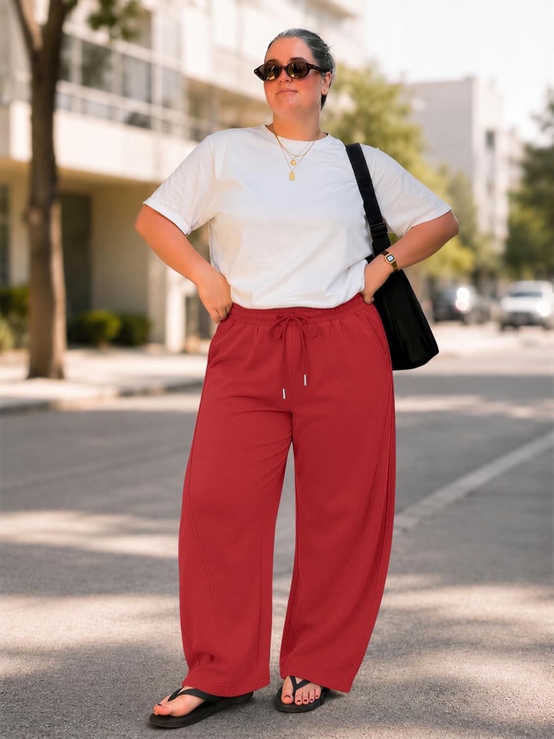 image:imageATHMILE Barrel Sweatpants Women Y2K Wide Leg Baggy Lounge Sweat Pants with Pockets Plus Size Drawstring JoggersRed