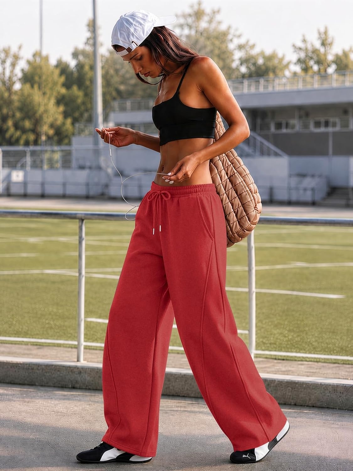image:imageATHMILE Barrel Sweatpants Women Y2K Wide Leg Baggy Lounge Sweat Pants with Pockets Plus Size Drawstring JoggersRed