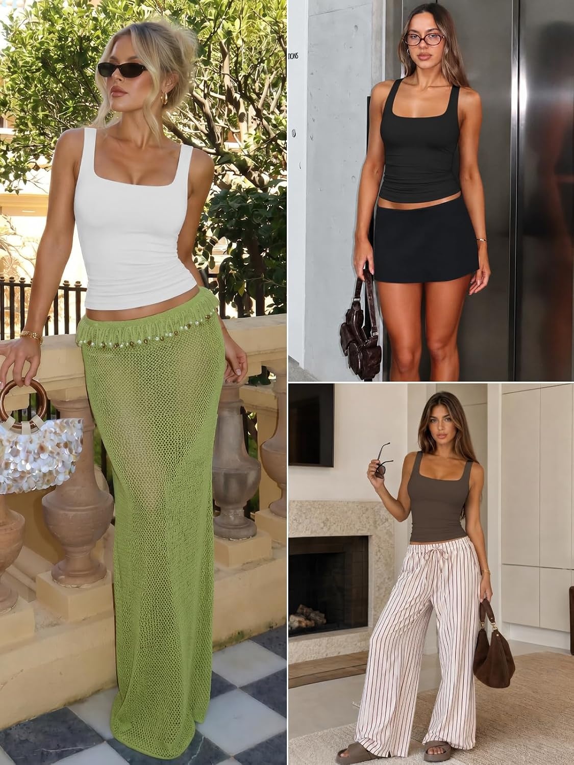 image:imageATHMILE Double Lined Tank Tops for Women Summer Square Neck Sleeveless Basic Spring Going Out TopLight Khaki