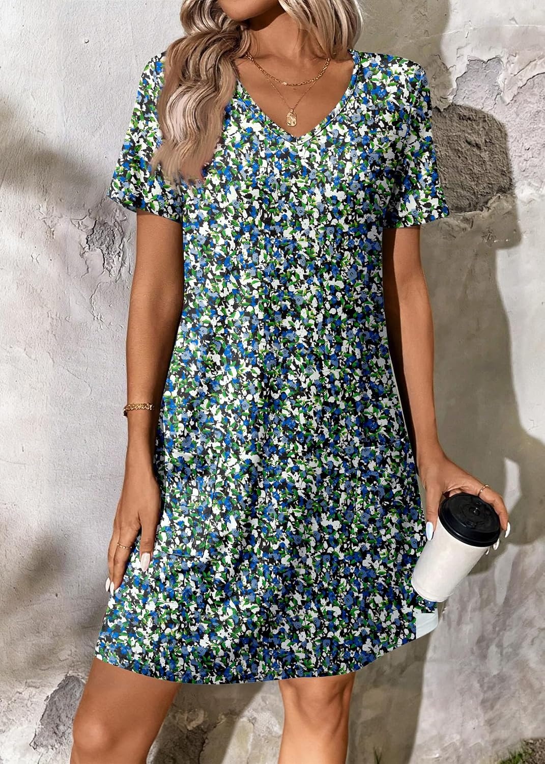 image:imageATHMILE Dresses for Women 2026 V Neck Short Sleeve Casual T Shirt Dress Sundresses Swimsuit Coverup with PocketsBlue Flowers