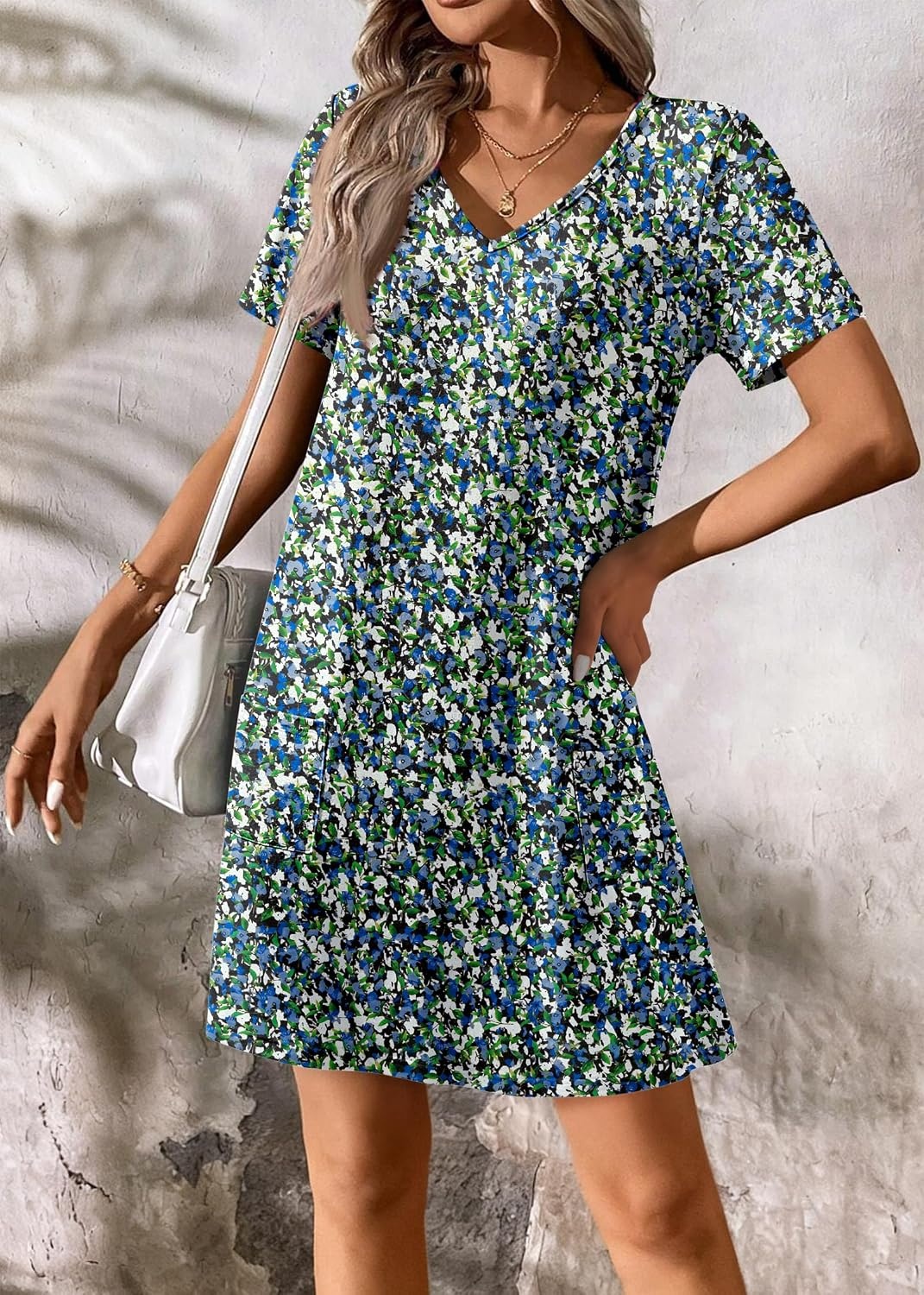 image:imageATHMILE Dresses for Women 2026 V Neck Short Sleeve Casual T Shirt Dress Sundresses Swimsuit Coverup with PocketsBlue Flowers