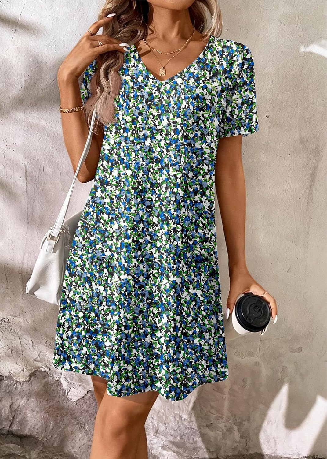 image:imageATHMILE Dresses for Women 2026 V Neck Short Sleeve Casual T Shirt Dress Sundresses Swimsuit Coverup with PocketsBlue Flowers
