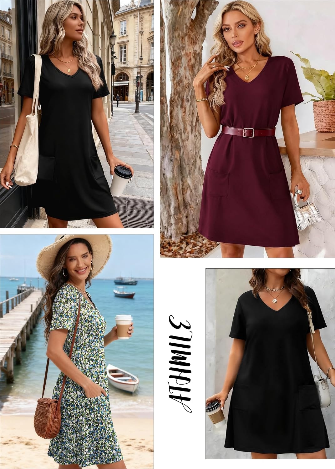 image:imageATHMILE Dresses for Women 2026 V Neck Short Sleeve Casual T Shirt Dress Sundresses Swimsuit Coverup with PocketsBoho Floral