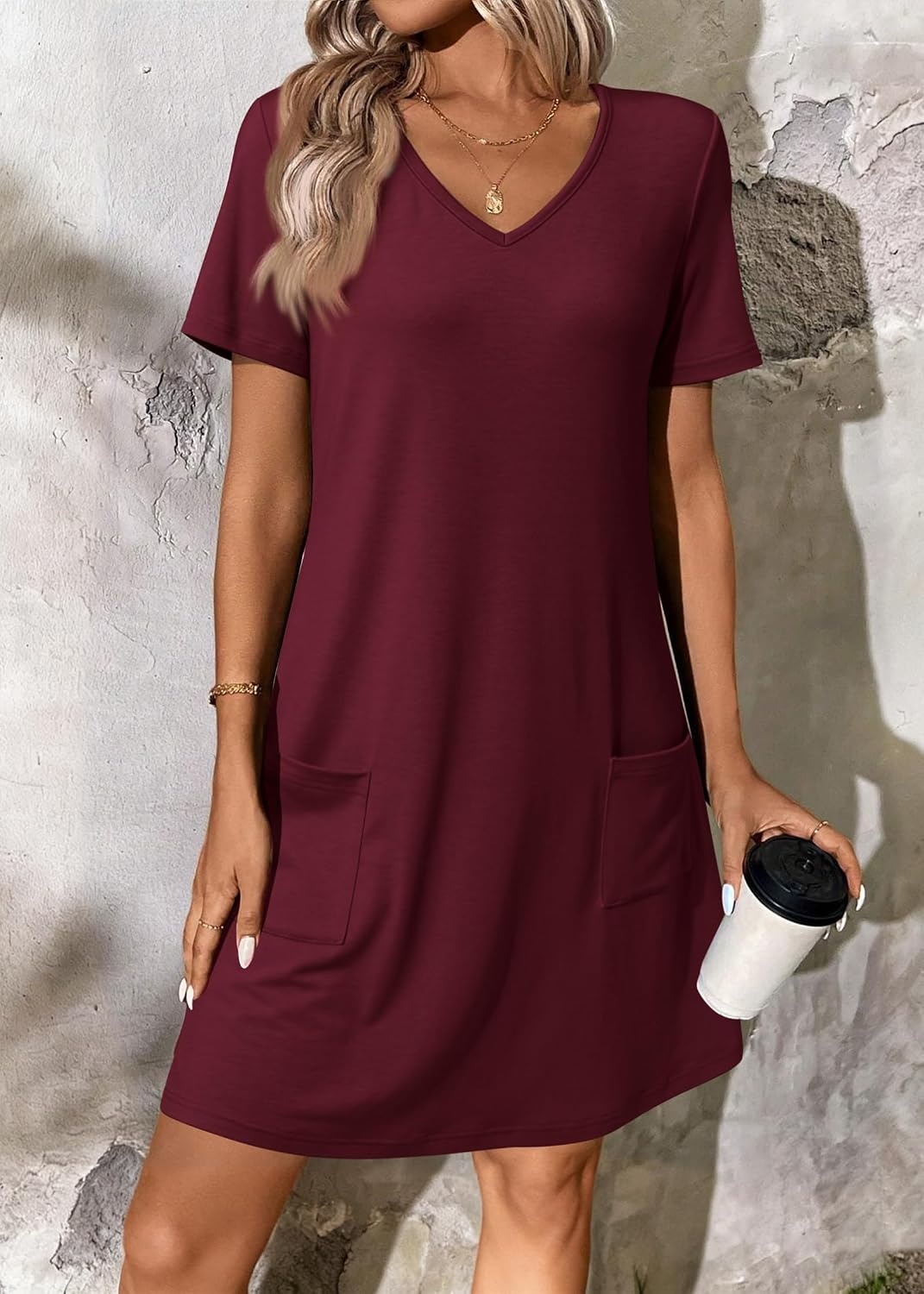 image:imageATHMILE Dresses for Women 2026 V Neck Short Sleeve Casual T Shirt Dress Sundresses Swimsuit Coverup with PocketsBurgundy