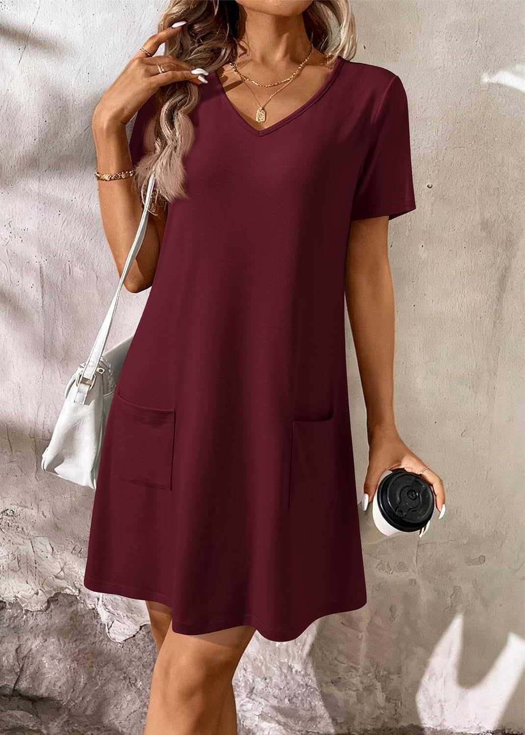 image:imageATHMILE Dresses for Women 2026 V Neck Short Sleeve Casual T Shirt Dress Sundresses Swimsuit Coverup with PocketsBurgundy