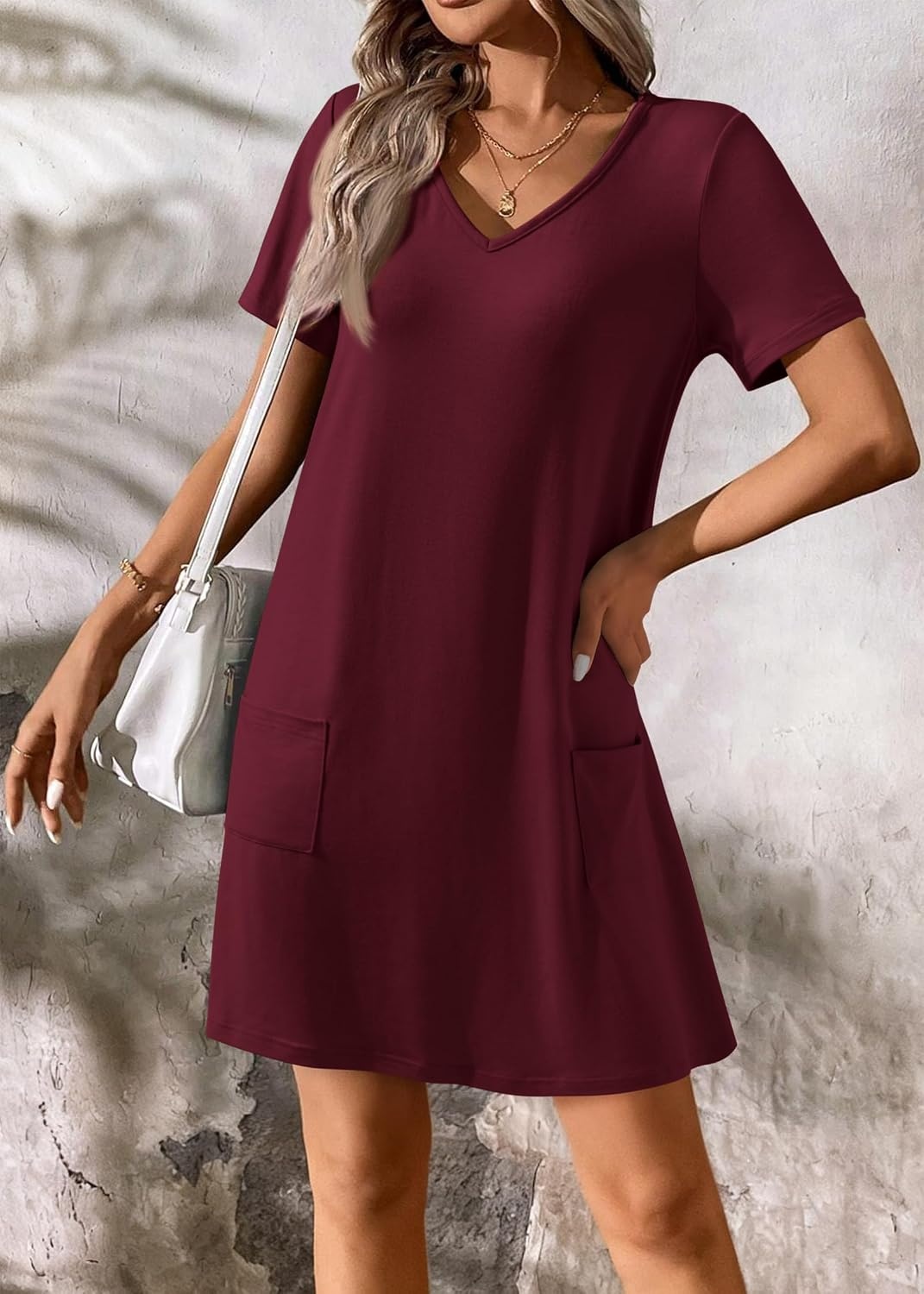image:imageATHMILE Dresses for Women 2026 V Neck Short Sleeve Casual T Shirt Dress Sundresses Swimsuit Coverup with PocketsBurgundy