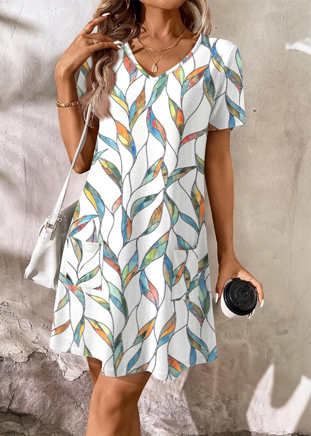 image:imageATHMILE Dresses for Women 2026 V Neck Short Sleeve Casual T Shirt Dress Sundresses Swimsuit Coverup with PocketsFloral