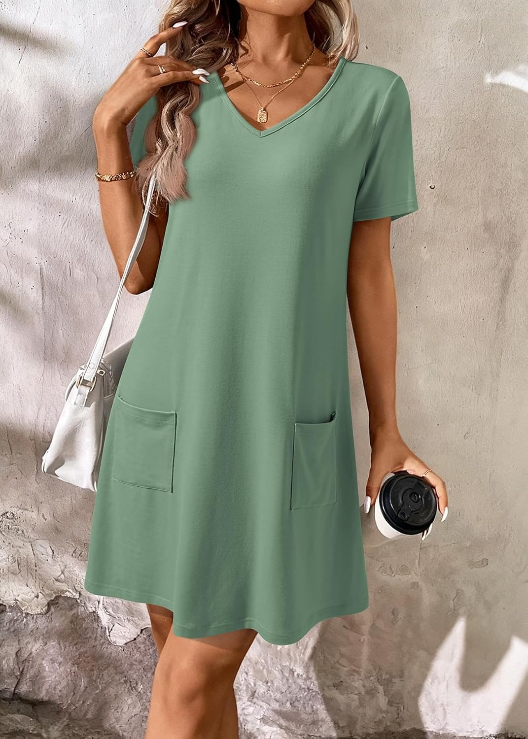 image:imageATHMILE Dresses for Women 2026 V Neck Short Sleeve Casual T Shirt Dress Sundresses Swimsuit Coverup with PocketsGreen