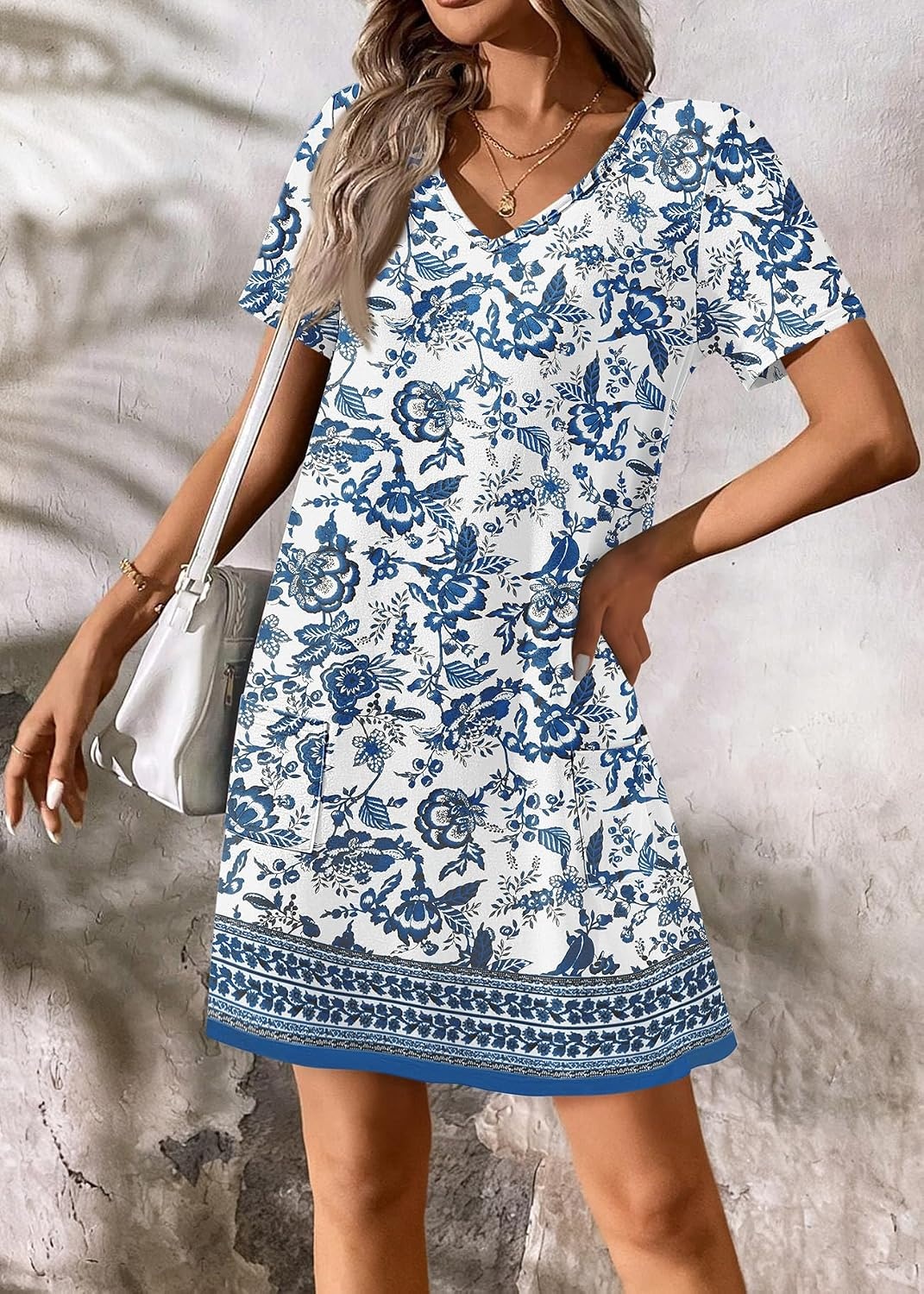 image:imageATHMILE Dresses for Women 2026 V Neck Short Sleeve Casual T Shirt Dress Sundresses Swimsuit Coverup with PocketsPrintblue