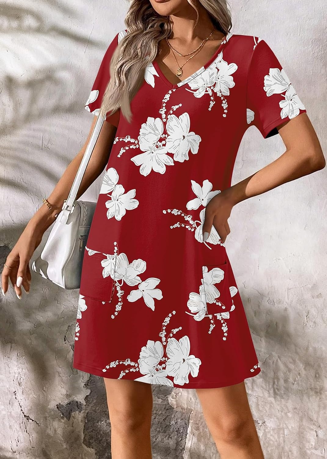 image:imageATHMILE Dresses for Women 2026 V Neck Short Sleeve Casual T Shirt Dress Sundresses Swimsuit Coverup with PocketsRedflowers