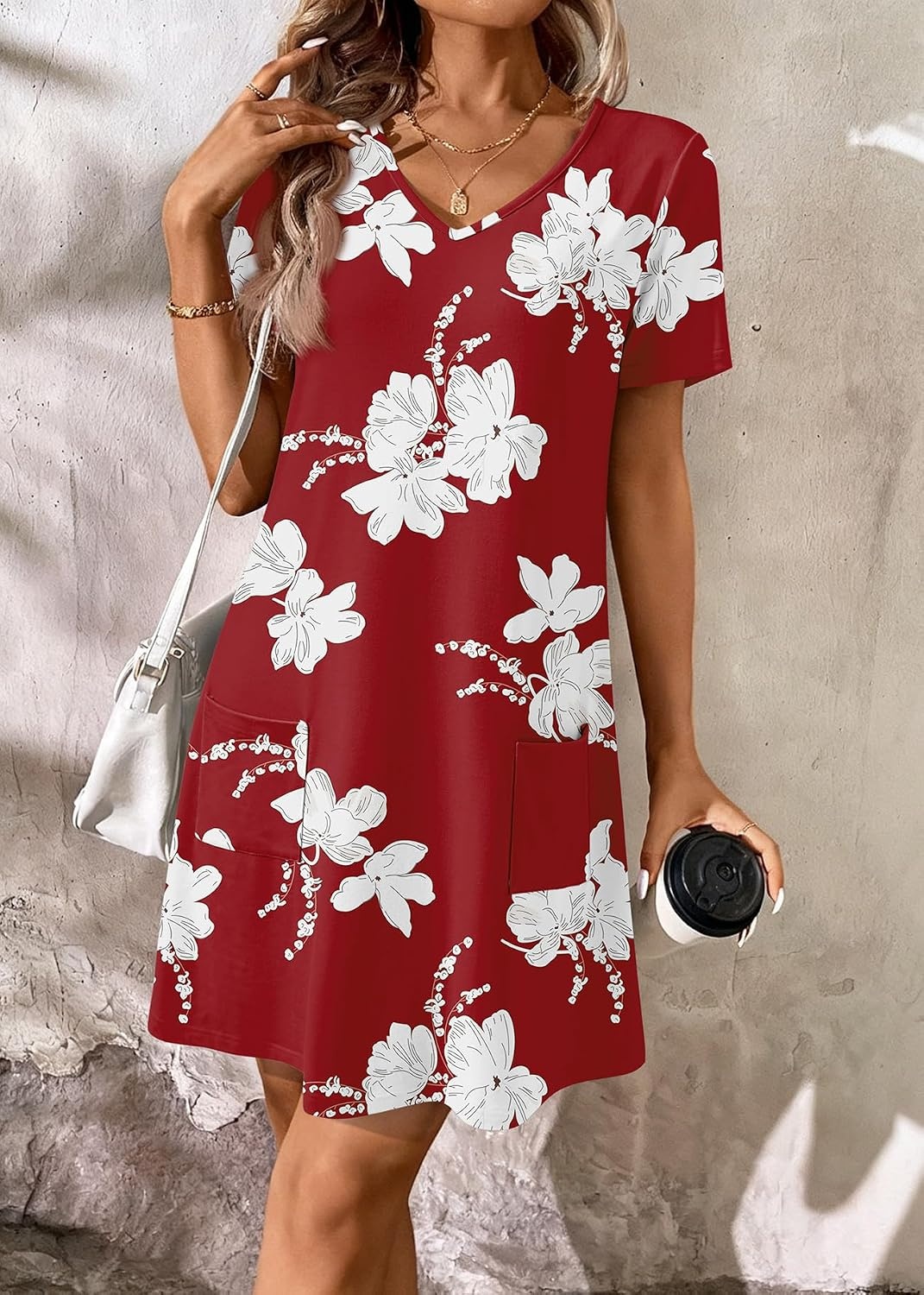 image:imageATHMILE Dresses for Women 2026 V Neck Short Sleeve Casual T Shirt Dress Sundresses Swimsuit Coverup with PocketsRedflowers