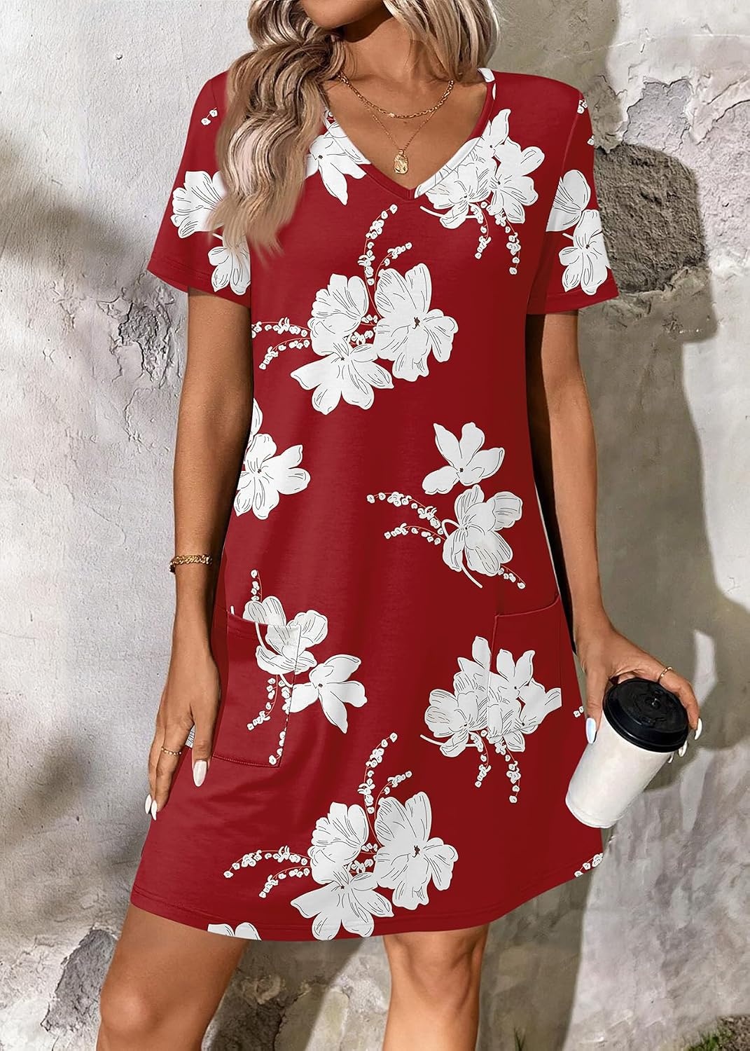 image:imageATHMILE Dresses for Women 2026 V Neck Short Sleeve Casual T Shirt Dress Sundresses Swimsuit Coverup with PocketsRedflowers