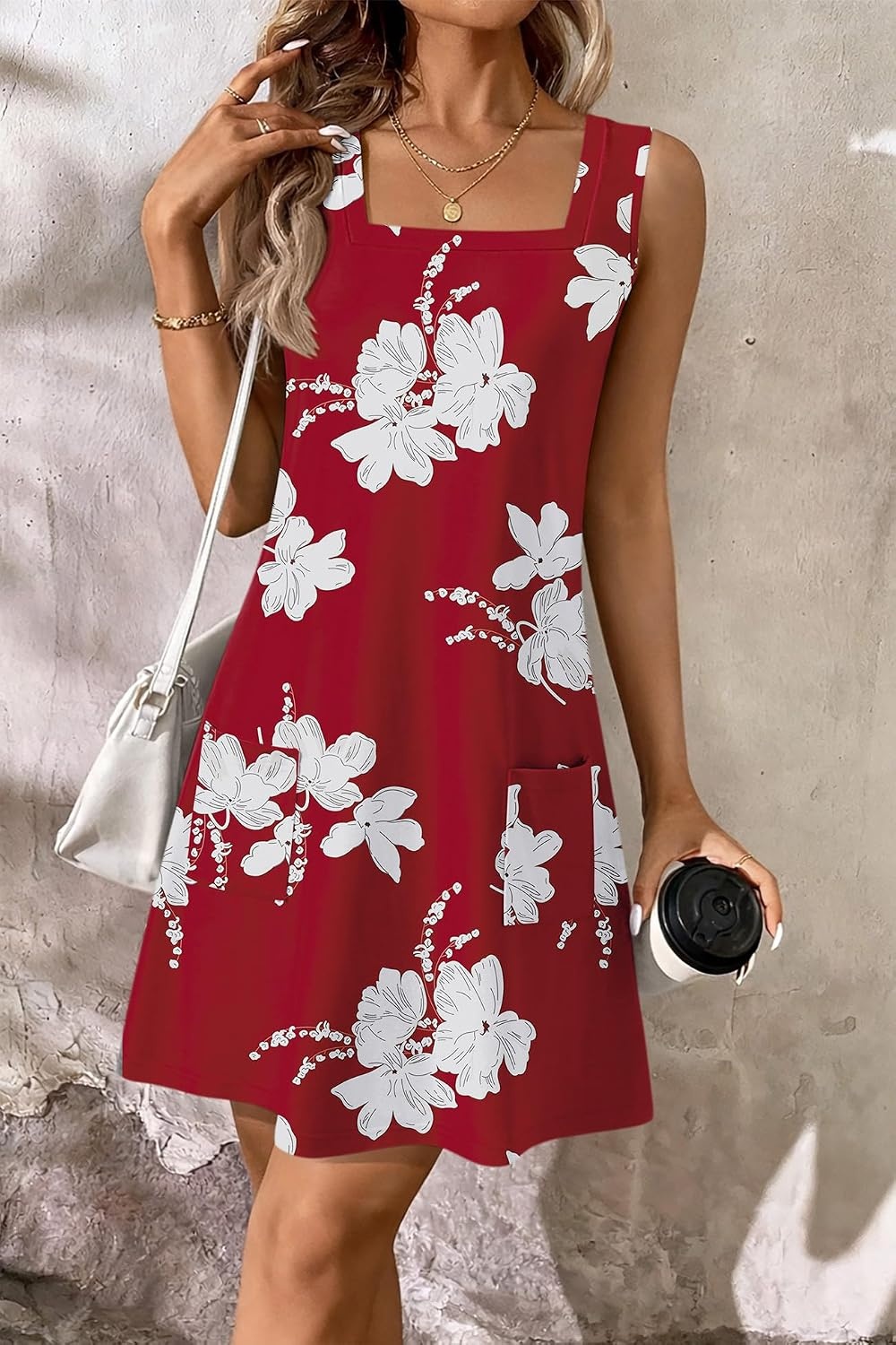 image:imageATHMILE Dresses for Women 2026 V Neck Short Sleeve Casual T Shirt Dress Sundresses Swimsuit Coverup with PocketsTred White Flowers
