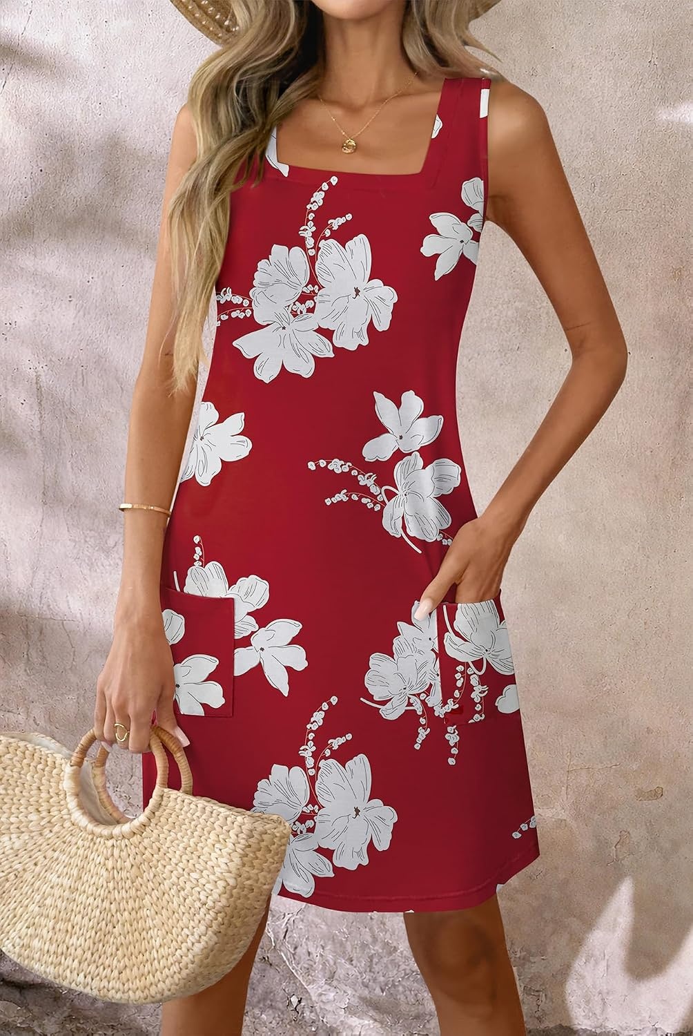 image:imageATHMILE Dresses for Women 2026 V Neck Short Sleeve Casual T Shirt Dress Sundresses Swimsuit Coverup with PocketsTred White Flowers
