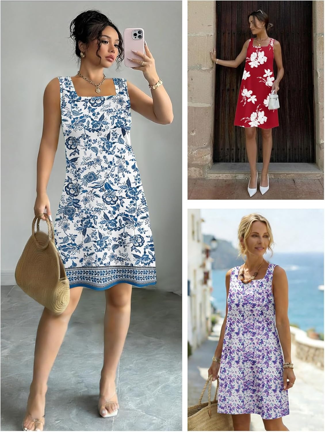 image:imageATHMILE Dresses for Women 2026 V Neck Short Sleeve Casual T Shirt Dress Sundresses Swimsuit Coverup with PocketsTwhite Blue Flowers