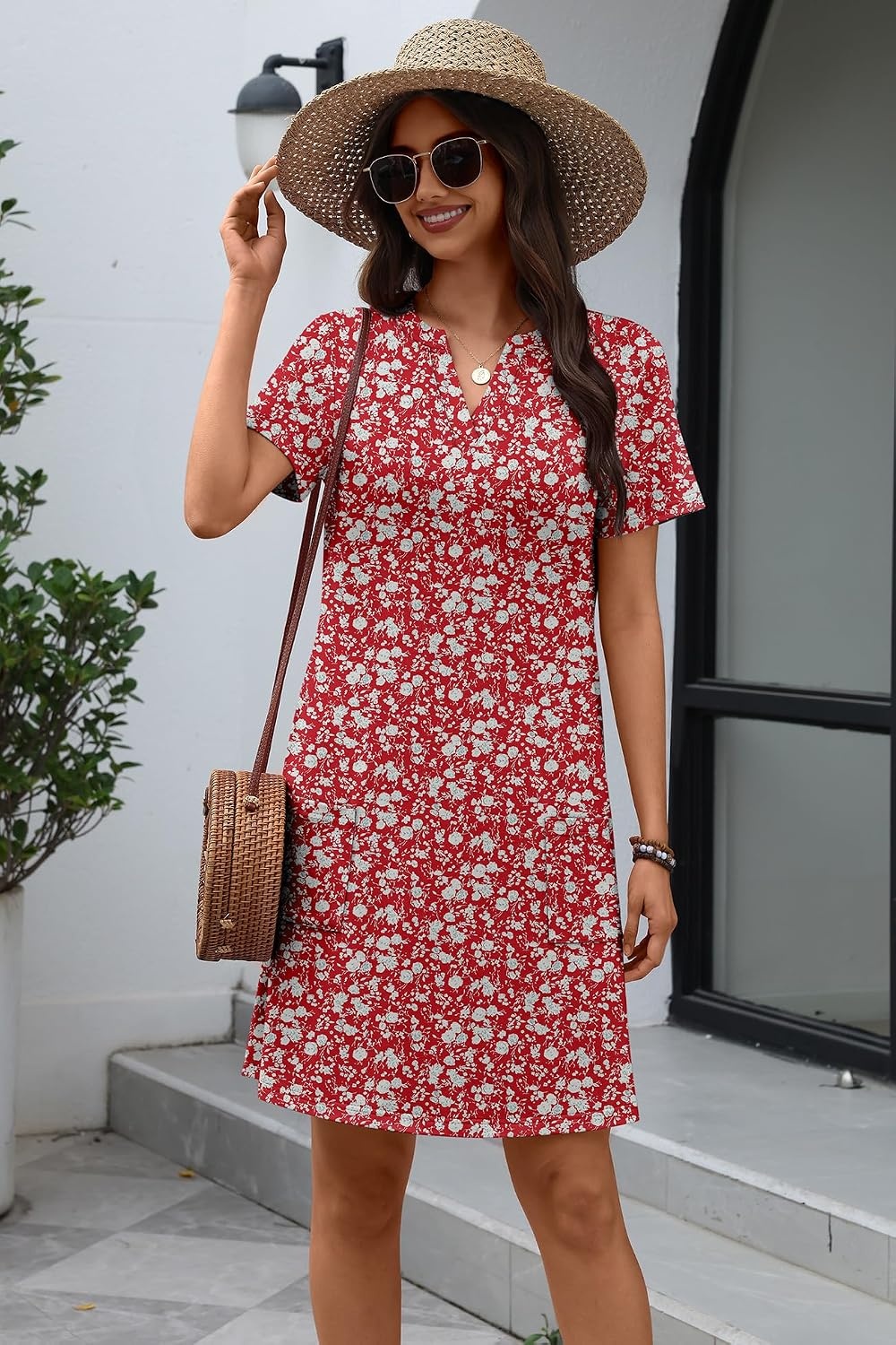 image:imageATHMILE Dresses for Women Casual Summer Boho Dress Short Sleeve Fashion Beach Vacation Clothes V Neck Date OutfitsRed Floral