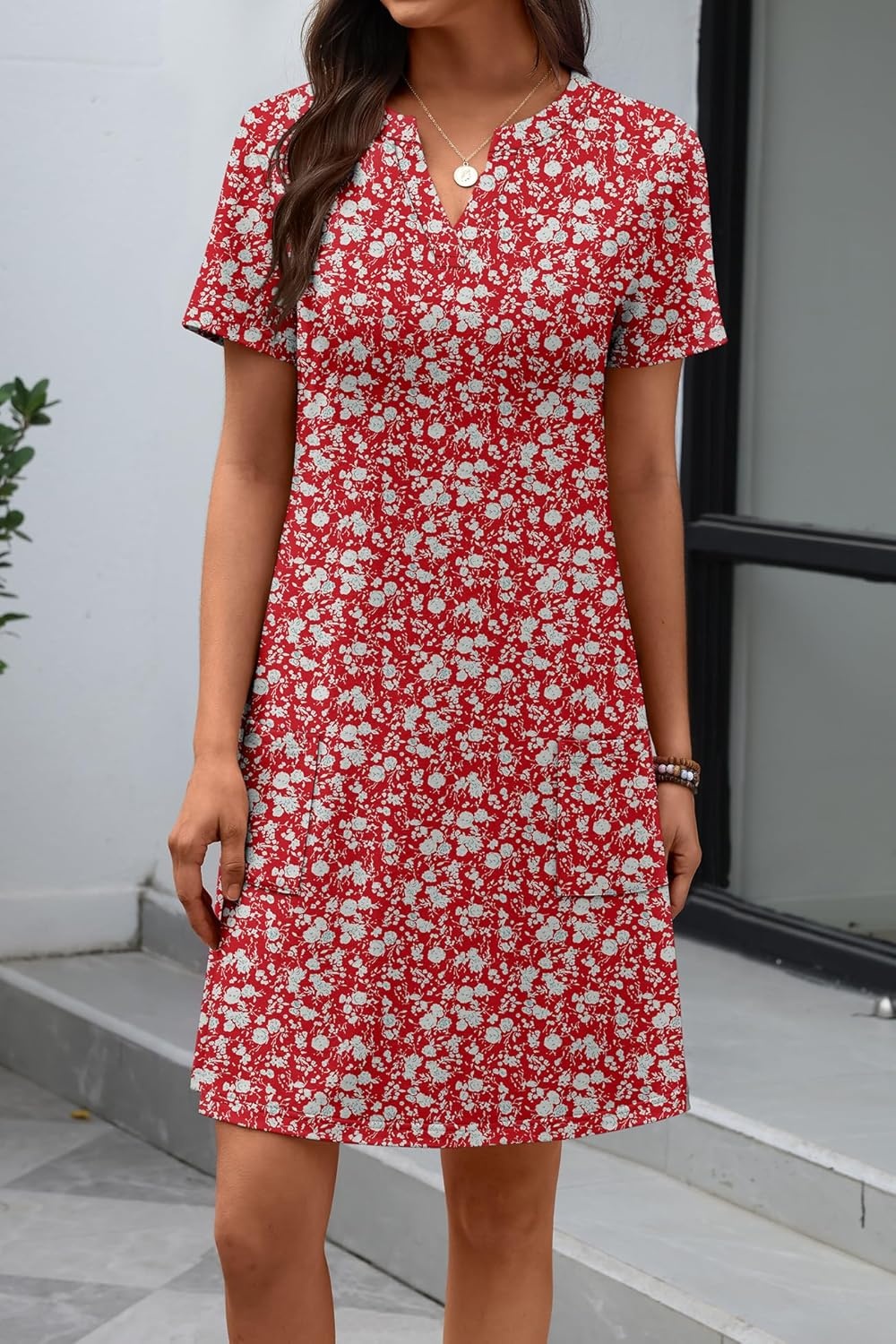 image:imageATHMILE Dresses for Women Casual Summer Boho Dress Short Sleeve Fashion Beach Vacation Clothes V Neck Date OutfitsRed Floral
