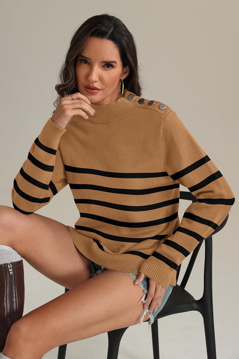 image:imageATHMILE Fall Mock Neck Striped Sweaters for Women 2026 Winter Turtleneck Long Sleeve Knit Sweater Fashion Pullover TopsKhaki