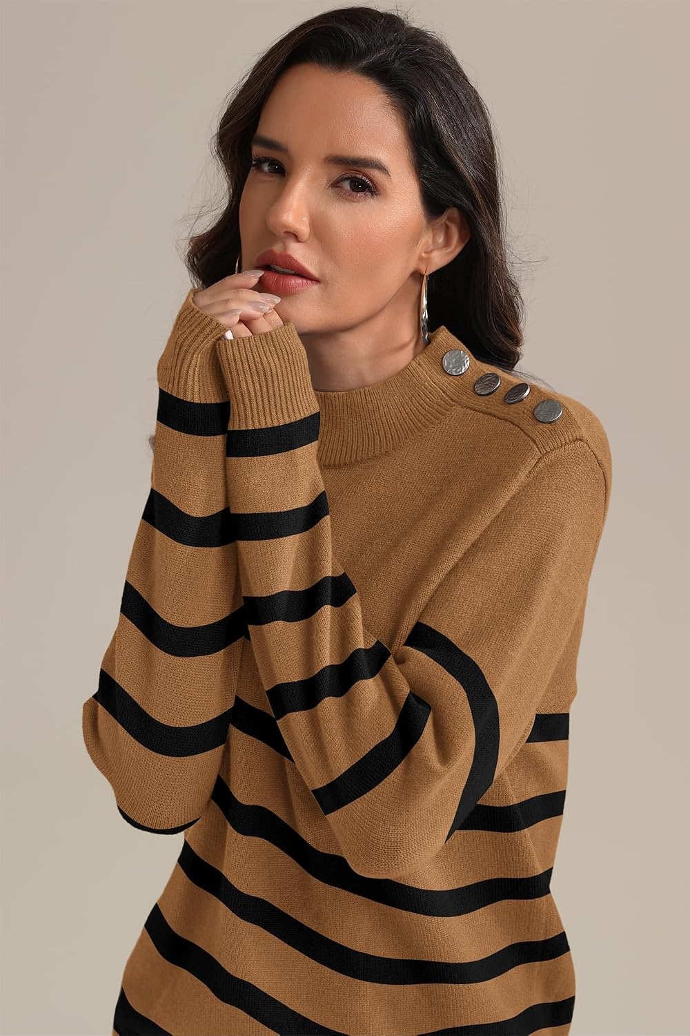image:imageATHMILE Fall Mock Neck Striped Sweaters for Women 2026 Winter Turtleneck Long Sleeve Knit Sweater Fashion Pullover TopsKhaki