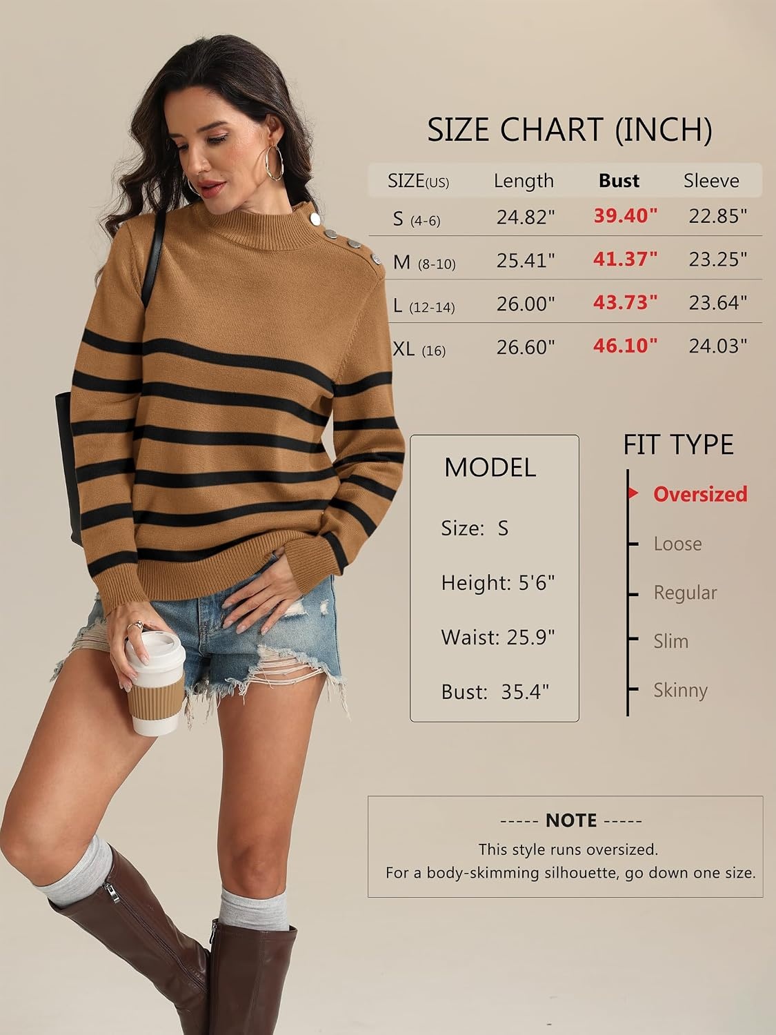 image:imageATHMILE Fall Mock Neck Striped Sweaters for Women 2026 Winter Turtleneck Long Sleeve Knit Sweater Fashion Pullover TopsKhaki