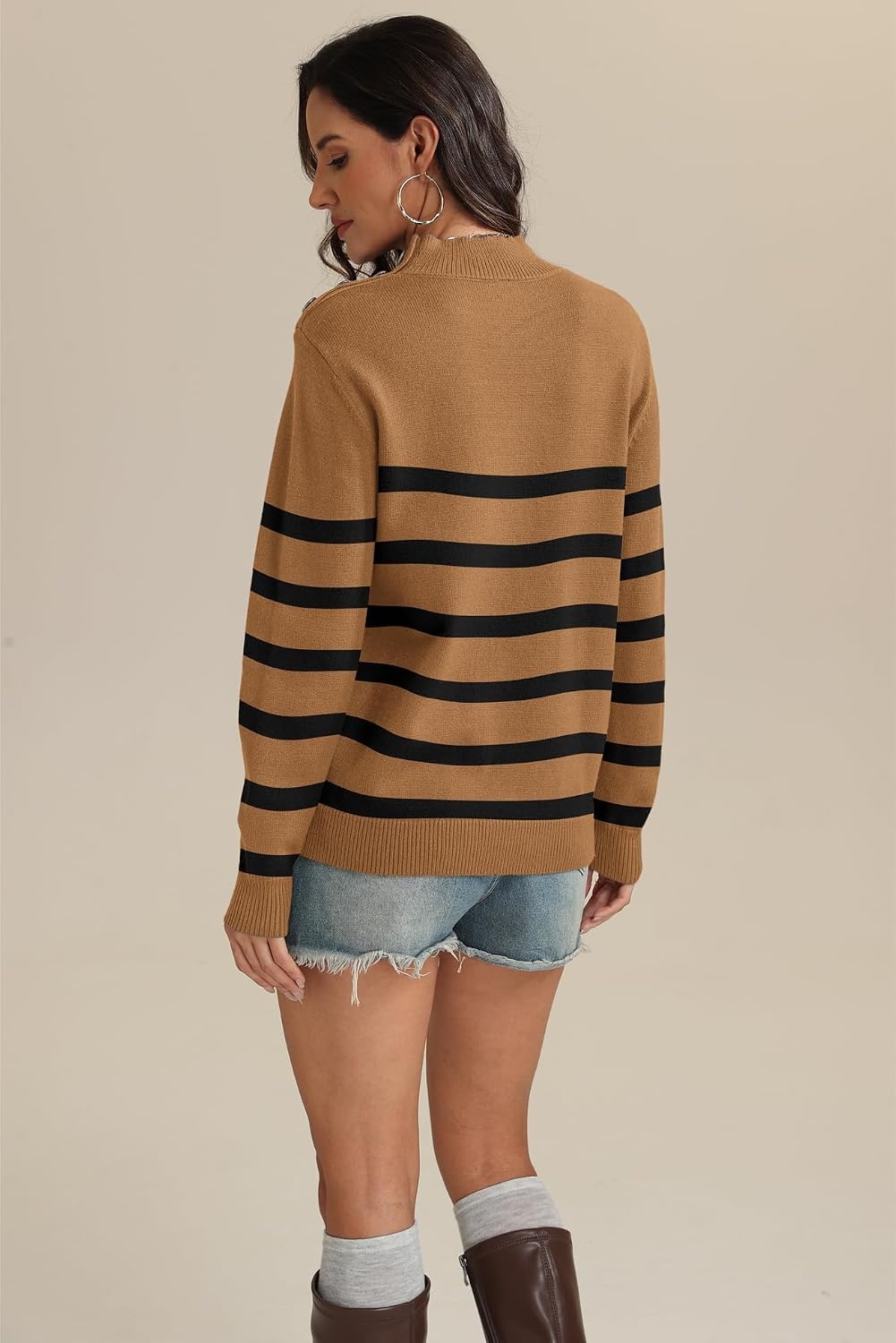 image:imageATHMILE Fall Mock Neck Striped Sweaters for Women 2026 Winter Turtleneck Long Sleeve Knit Sweater Fashion Pullover TopsKhaki