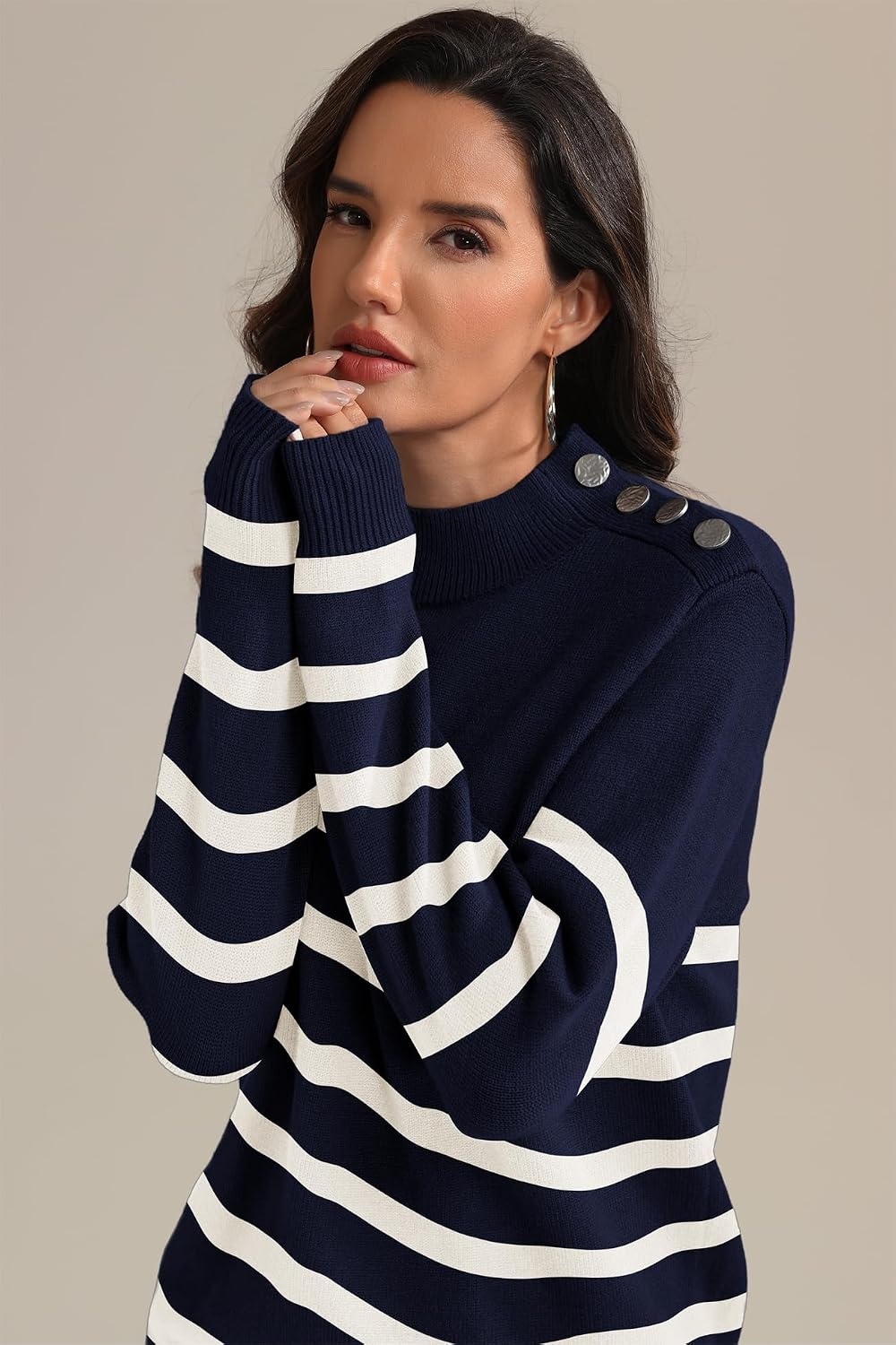 image:imageATHMILE Fall Mock Neck Striped Sweaters for Women 2026 Winter Turtleneck Long Sleeve Knit Sweater Fashion Pullover TopsNavy