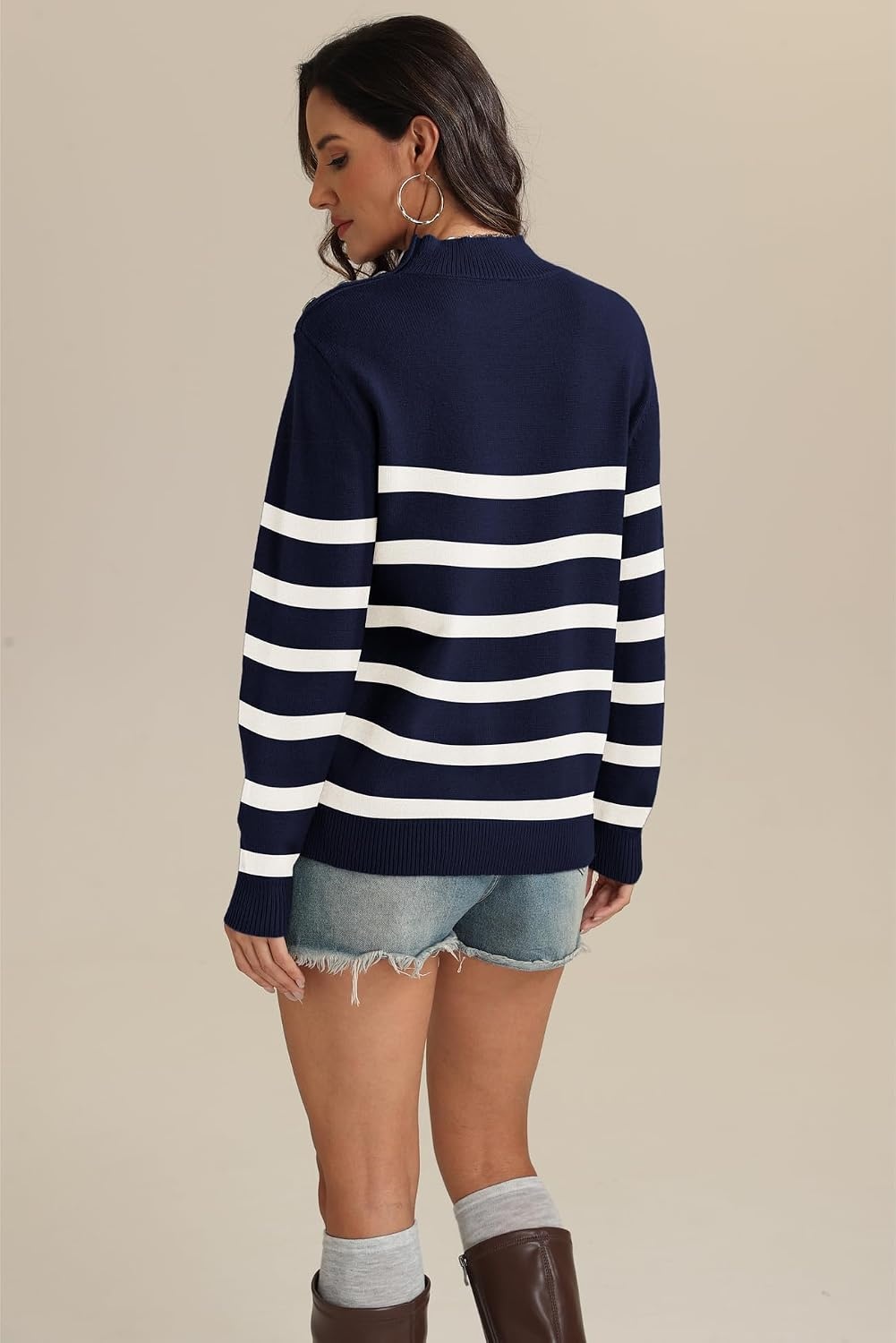image:imageATHMILE Fall Mock Neck Striped Sweaters for Women 2026 Winter Turtleneck Long Sleeve Knit Sweater Fashion Pullover TopsNavy