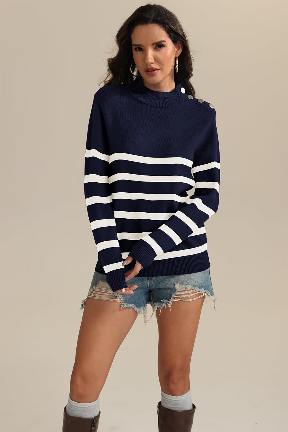 image:imageATHMILE Fall Mock Neck Striped Sweaters for Women 2026 Winter Turtleneck Long Sleeve Knit Sweater Fashion Pullover TopsNavy