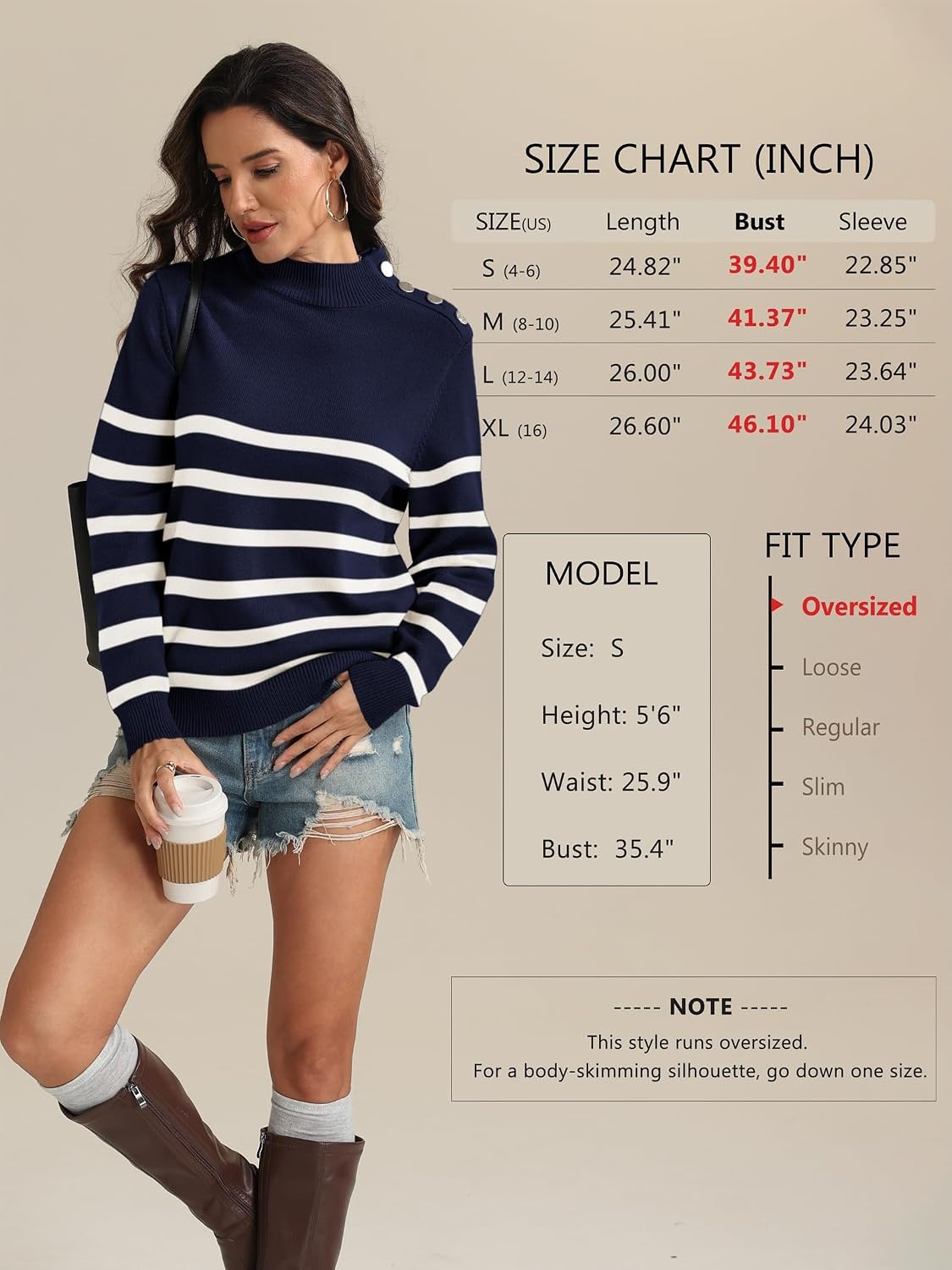image:imageATHMILE Fall Mock Neck Striped Sweaters for Women 2026 Winter Turtleneck Long Sleeve Knit Sweater Fashion Pullover TopsNavy