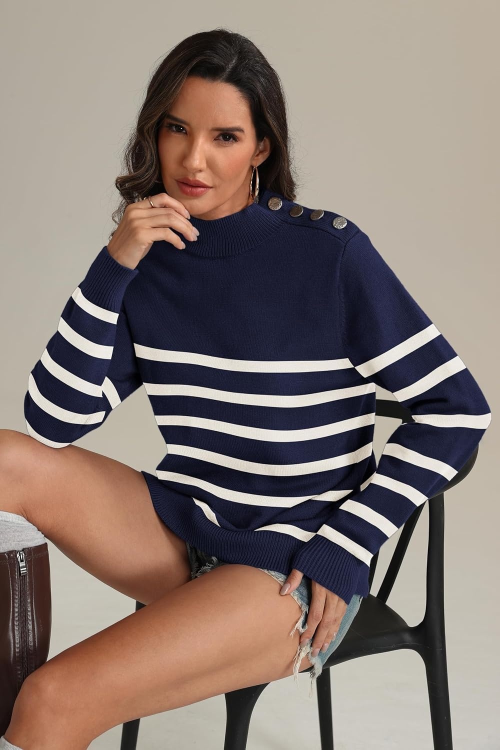image:imageATHMILE Fall Mock Neck Striped Sweaters for Women 2026 Winter Turtleneck Long Sleeve Knit Sweater Fashion Pullover TopsNavy