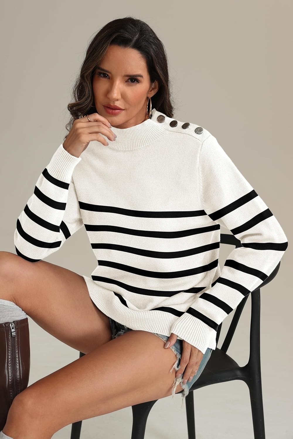 image:imageATHMILE Fall Mock Neck Striped Sweaters for Women 2026 Winter Turtleneck Long Sleeve Knit Sweater Fashion Pullover TopsWhite