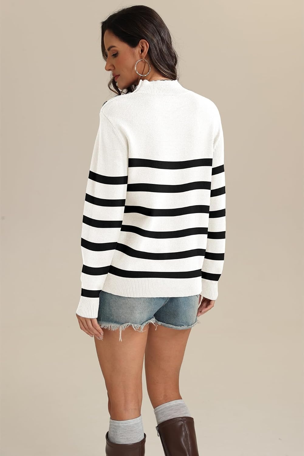 image:imageATHMILE Fall Mock Neck Striped Sweaters for Women 2026 Winter Turtleneck Long Sleeve Knit Sweater Fashion Pullover TopsWhite
