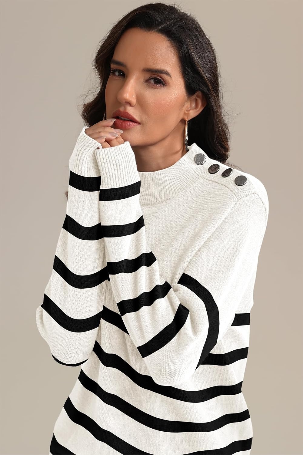 image:imageATHMILE Fall Mock Neck Striped Sweaters for Women 2026 Winter Turtleneck Long Sleeve Knit Sweater Fashion Pullover TopsWhite