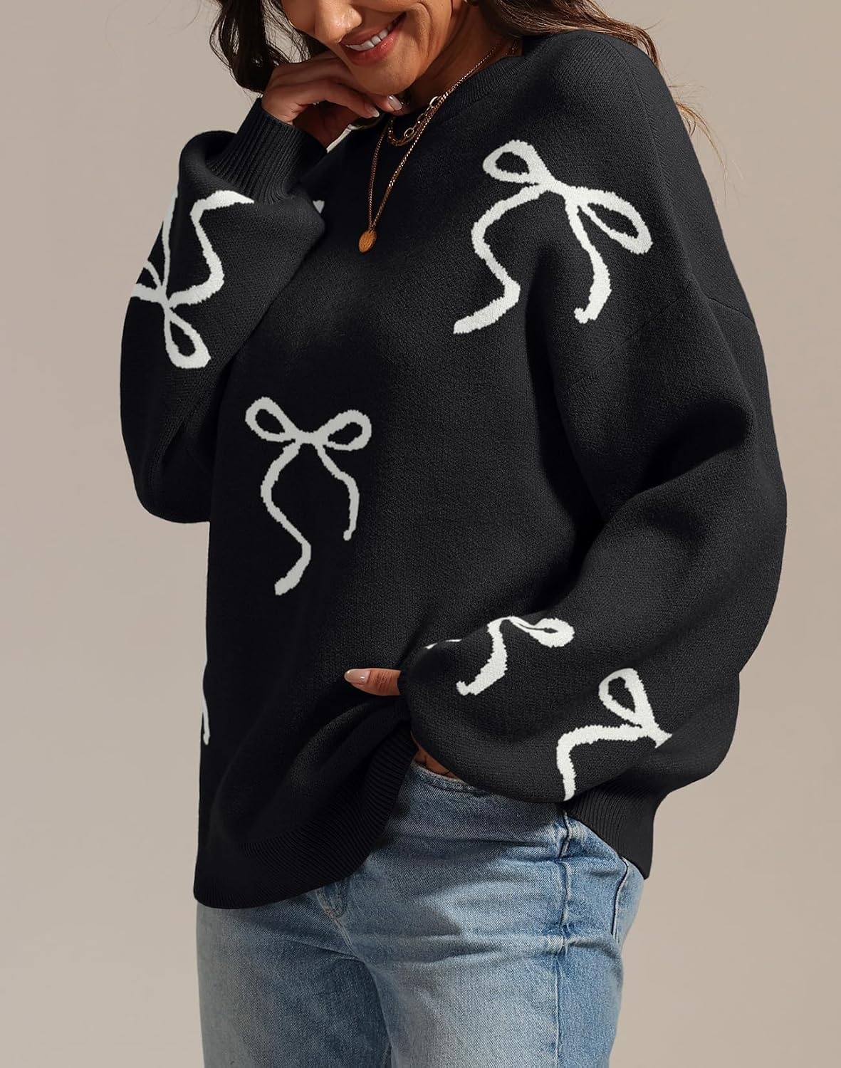 image:imageATHMILE Fall Sweaters for Women 2026 Fashion Cute Bow Knit Pullover Trendy Long Sleeve Oversized Sweater Winter ClothingBlack