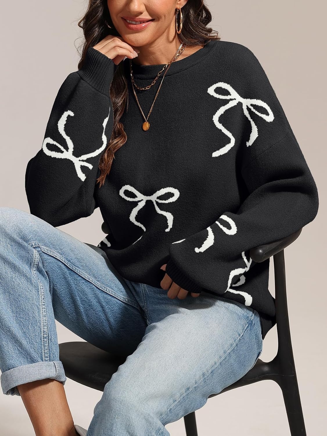 image:imageATHMILE Fall Sweaters for Women 2026 Fashion Cute Bow Knit Pullover Trendy Long Sleeve Oversized Sweater Winter ClothingBlack