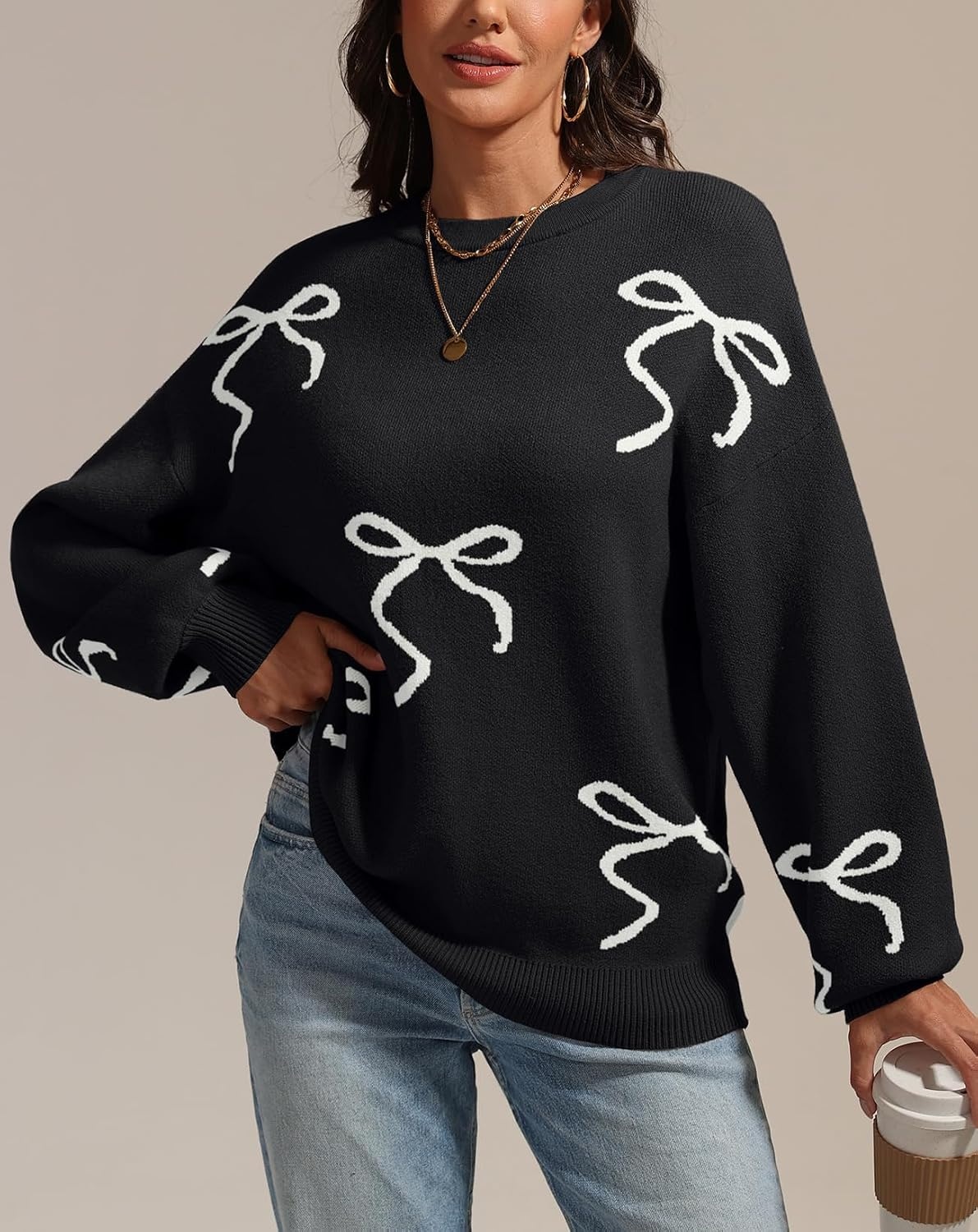 image:imageATHMILE Fall Sweaters for Women 2026 Fashion Cute Bow Knit Pullover Trendy Long Sleeve Oversized Sweater Winter ClothingBlack