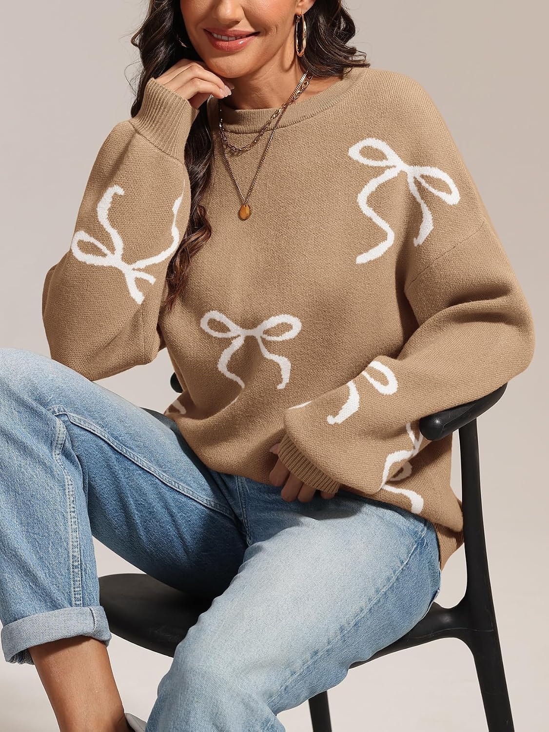 image:imageATHMILE Fall Sweaters for Women 2026 Fashion Cute Bow Knit Pullover Trendy Long Sleeve Oversized Sweater Winter ClothingCamel