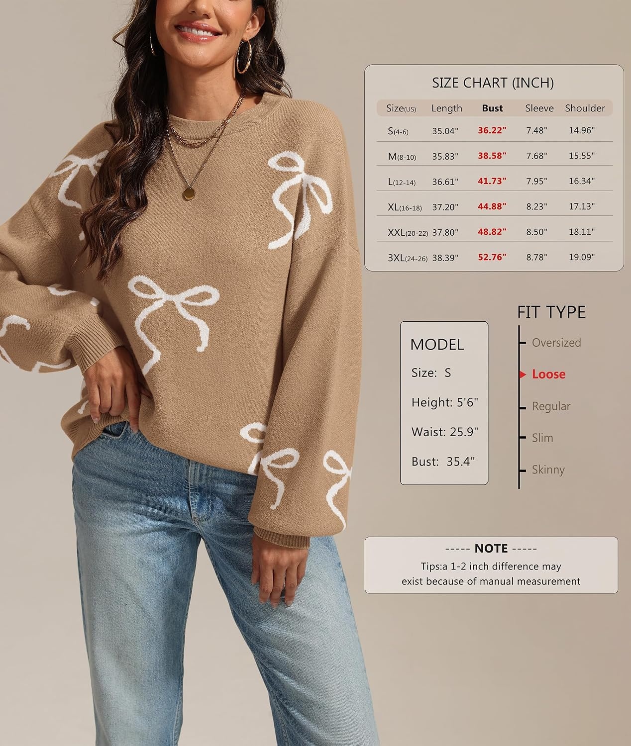 image:imageATHMILE Fall Sweaters for Women 2026 Fashion Cute Bow Knit Pullover Trendy Long Sleeve Oversized Sweater Winter ClothingCamel