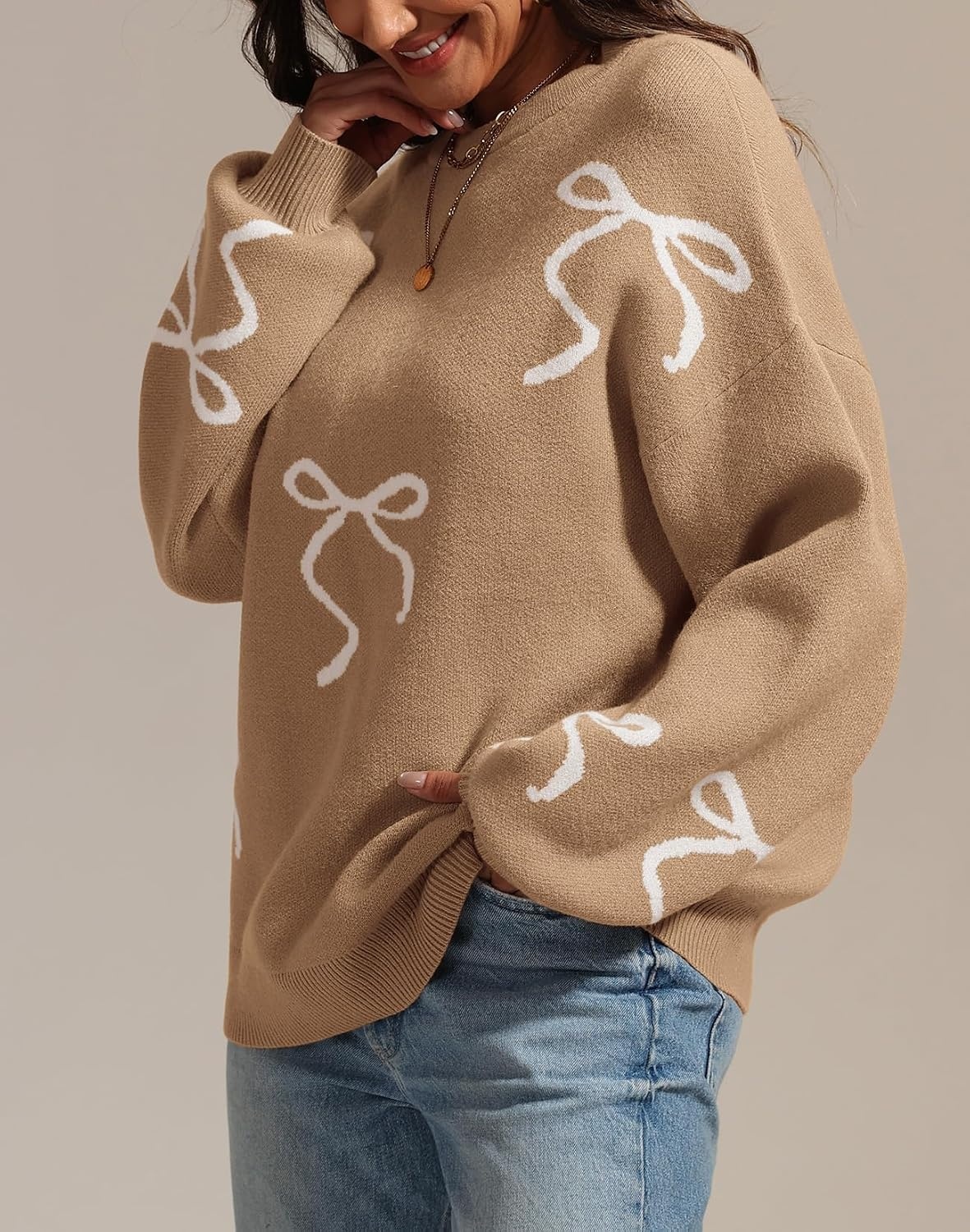 image:imageATHMILE Fall Sweaters for Women 2026 Fashion Cute Bow Knit Pullover Trendy Long Sleeve Oversized Sweater Winter ClothingCamel