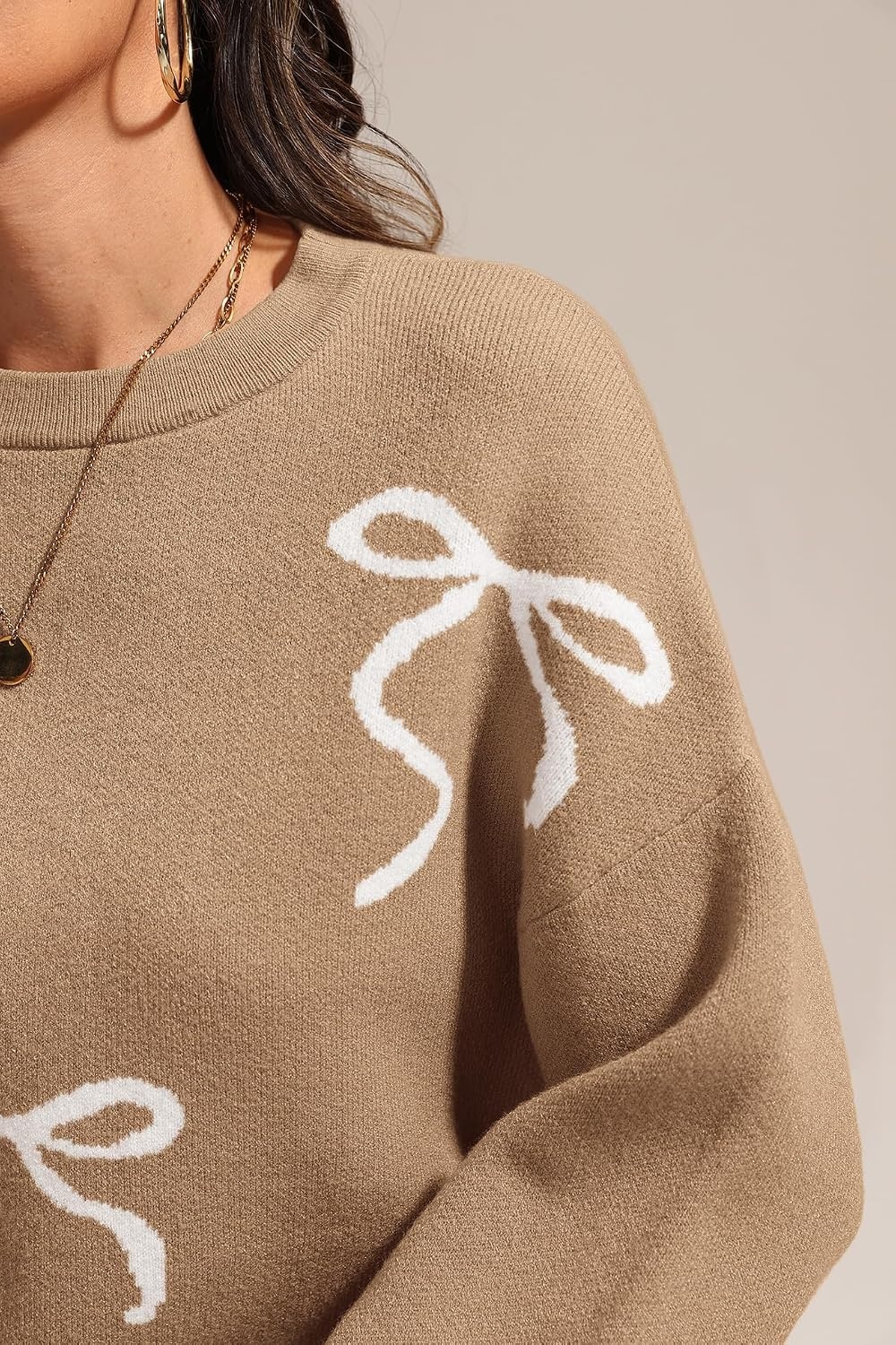 image:imageATHMILE Fall Sweaters for Women 2026 Fashion Cute Bow Knit Pullover Trendy Long Sleeve Oversized Sweater Winter ClothingCamel