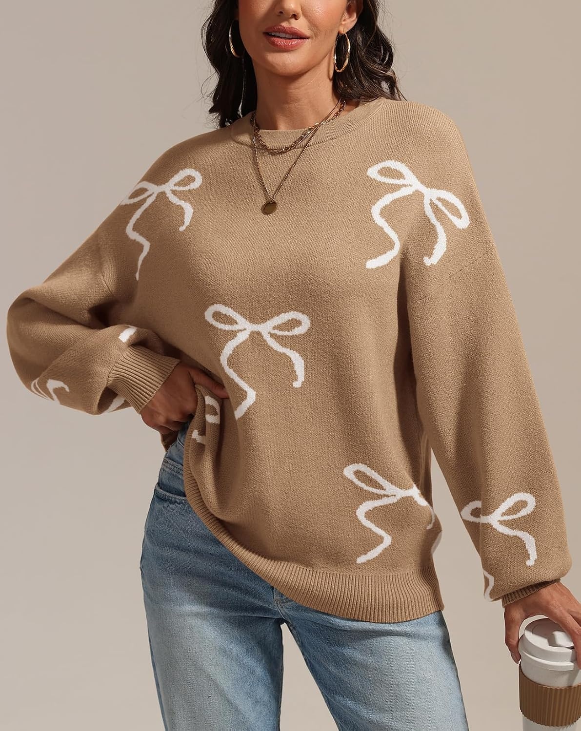image:imageATHMILE Fall Sweaters for Women 2026 Fashion Cute Bow Knit Pullover Trendy Long Sleeve Oversized Sweater Winter ClothingCamel