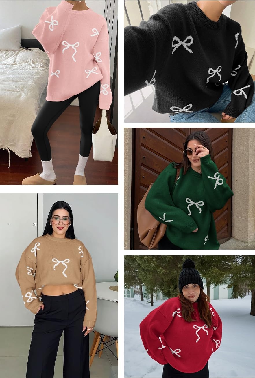 image:imageATHMILE Fall Sweaters for Women 2026 Fashion Cute Bow Knit Pullover Trendy Long Sleeve Oversized Sweater Winter ClothingGreen