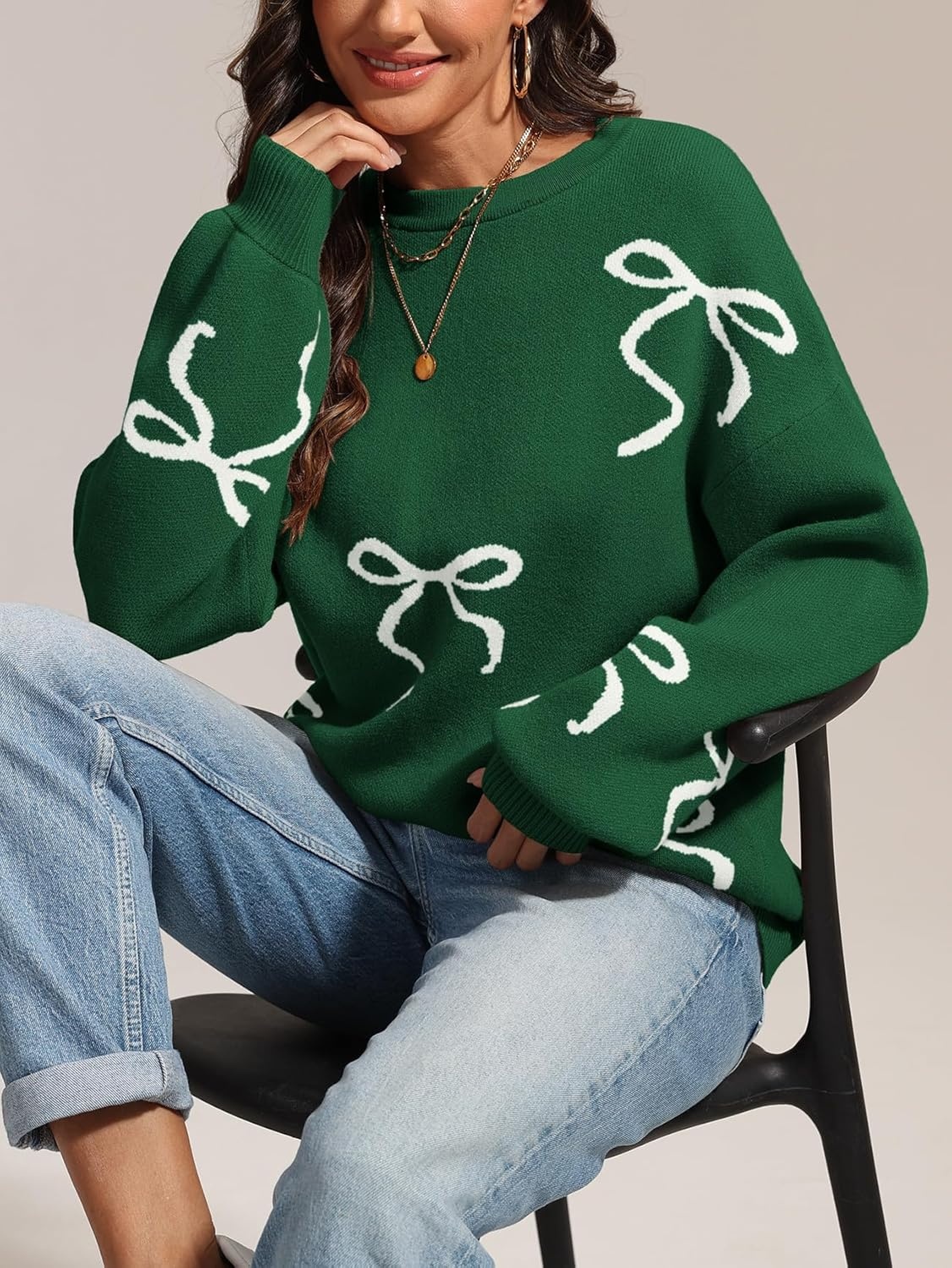 image:imageATHMILE Fall Sweaters for Women 2026 Fashion Cute Bow Knit Pullover Trendy Long Sleeve Oversized Sweater Winter ClothingGreen