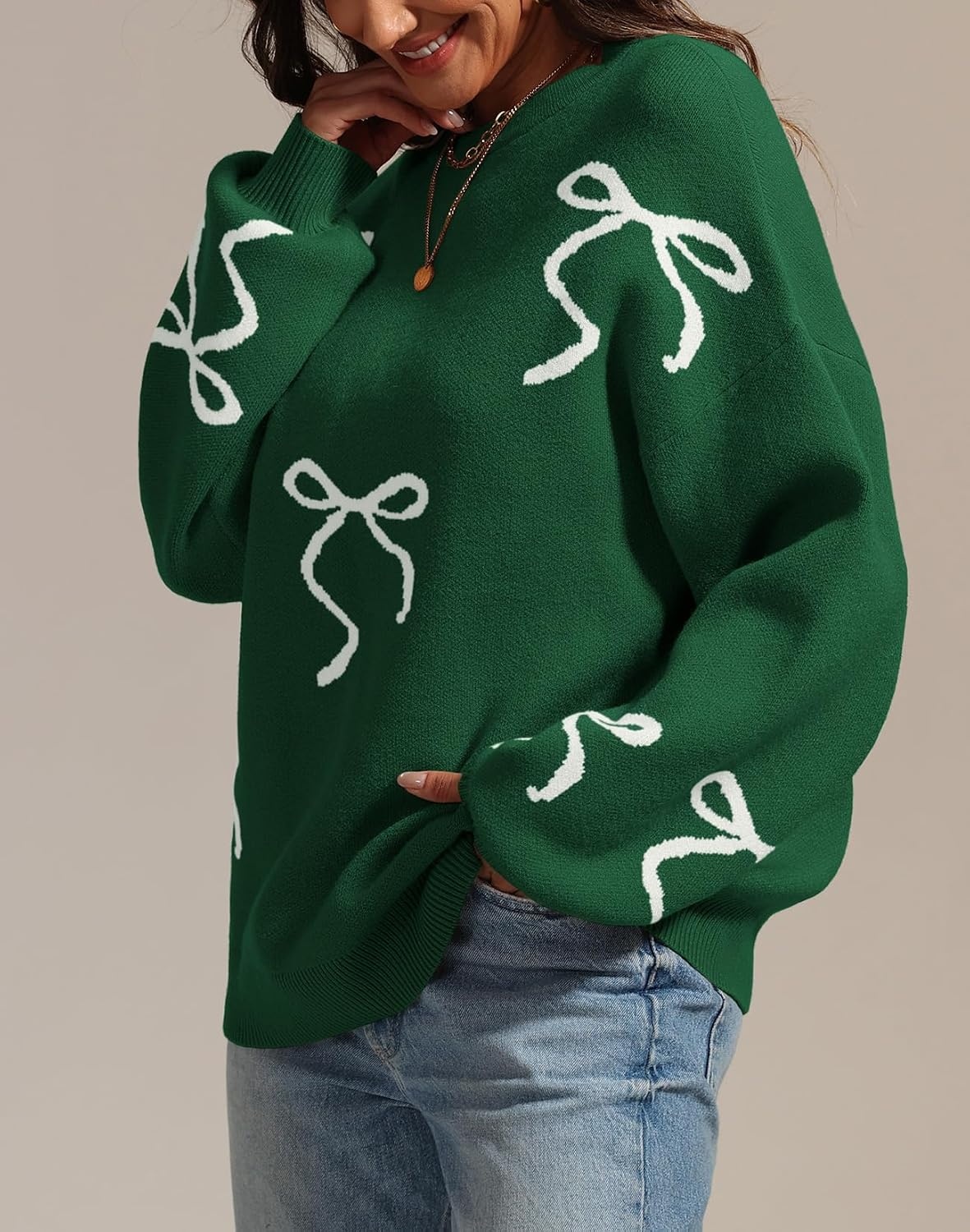 image:imageATHMILE Fall Sweaters for Women 2026 Fashion Cute Bow Knit Pullover Trendy Long Sleeve Oversized Sweater Winter ClothingGreen