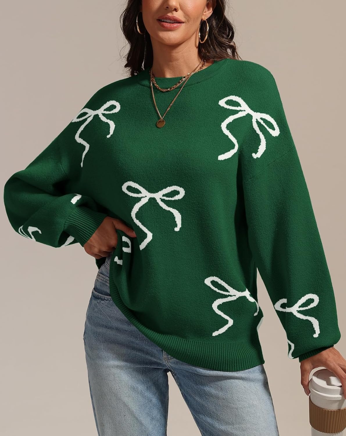 image:imageATHMILE Fall Sweaters for Women 2026 Fashion Cute Bow Knit Pullover Trendy Long Sleeve Oversized Sweater Winter ClothingGreen