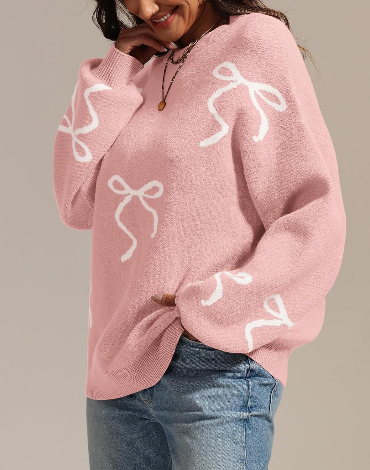 image:imageATHMILE Fall Sweaters for Women 2026 Fashion Cute Bow Knit Pullover Trendy Long Sleeve Oversized Sweater Winter ClothingPink
