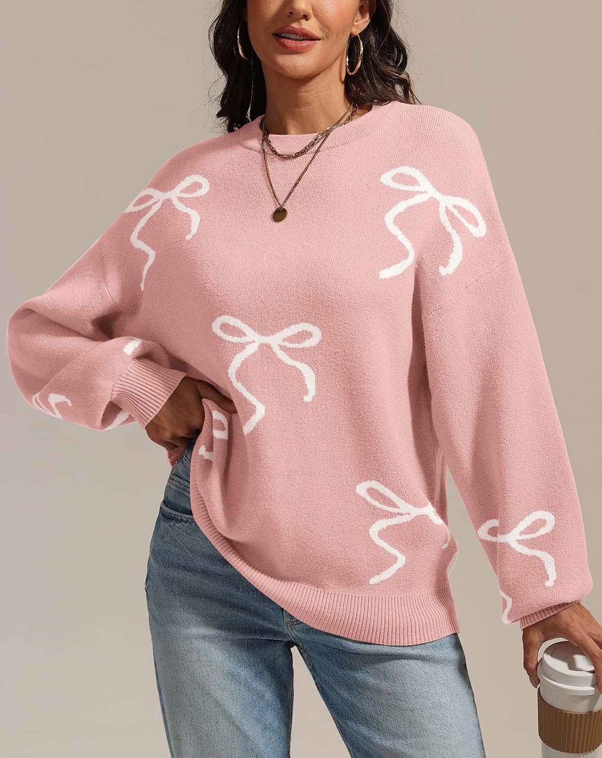 image:imageATHMILE Fall Sweaters for Women 2026 Fashion Cute Bow Knit Pullover Trendy Long Sleeve Oversized Sweater Winter ClothingPink